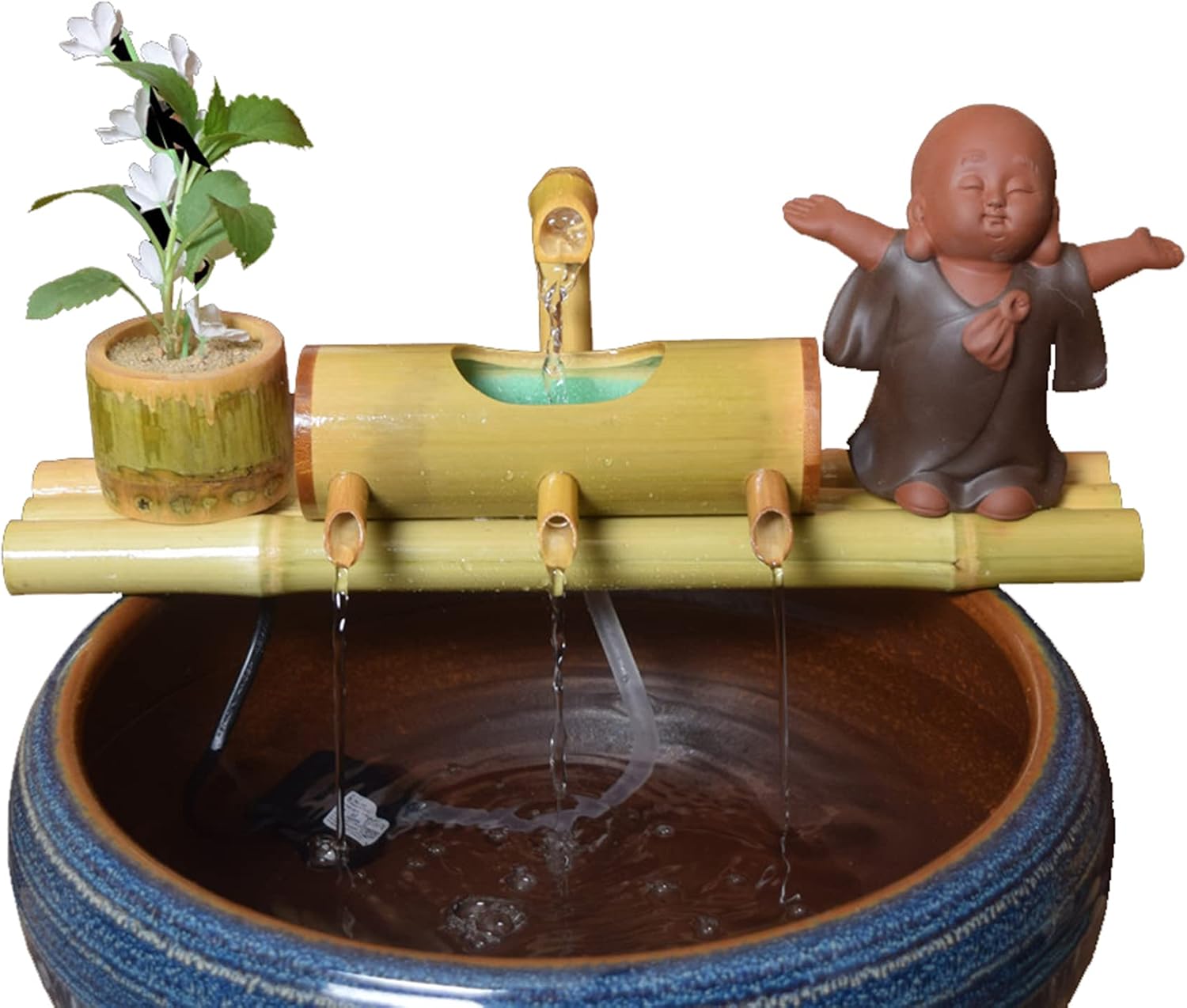 Bamboo Frame Drip Car Flowing Water Landscape,Ceramic Ornaments,Japanese Garden Water Decor, Zen Water Fountain Decoration,Fish Tank Pool Circulating Water Fountain,55CM