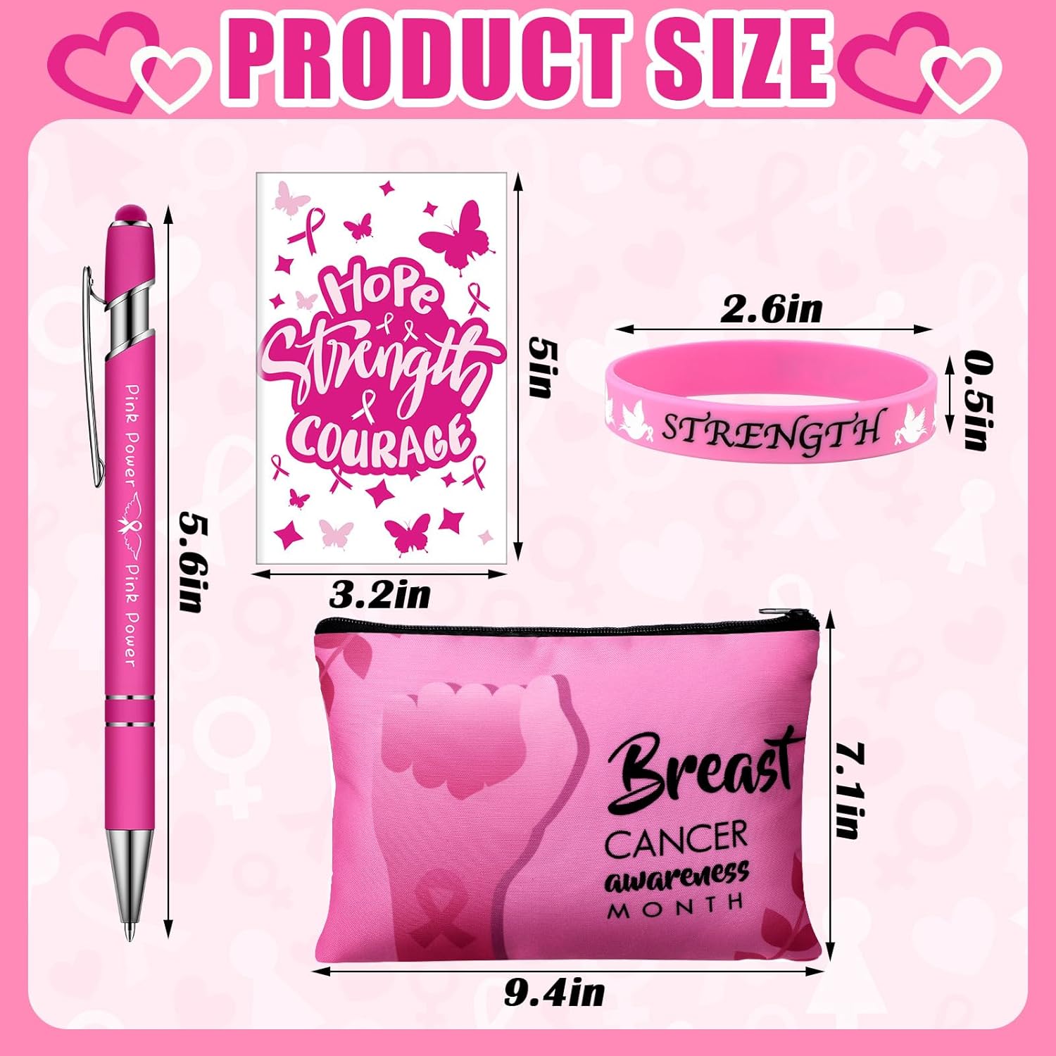 Qeeenar 48 Pcs Breast Cancer Awareness Accessories Include 12 Breast Cancer Inspirational Notepads 12 Pink Ribbon Pens 12 Makeup Bags 12 Pink Ribbon Bracelets Gifts for Women