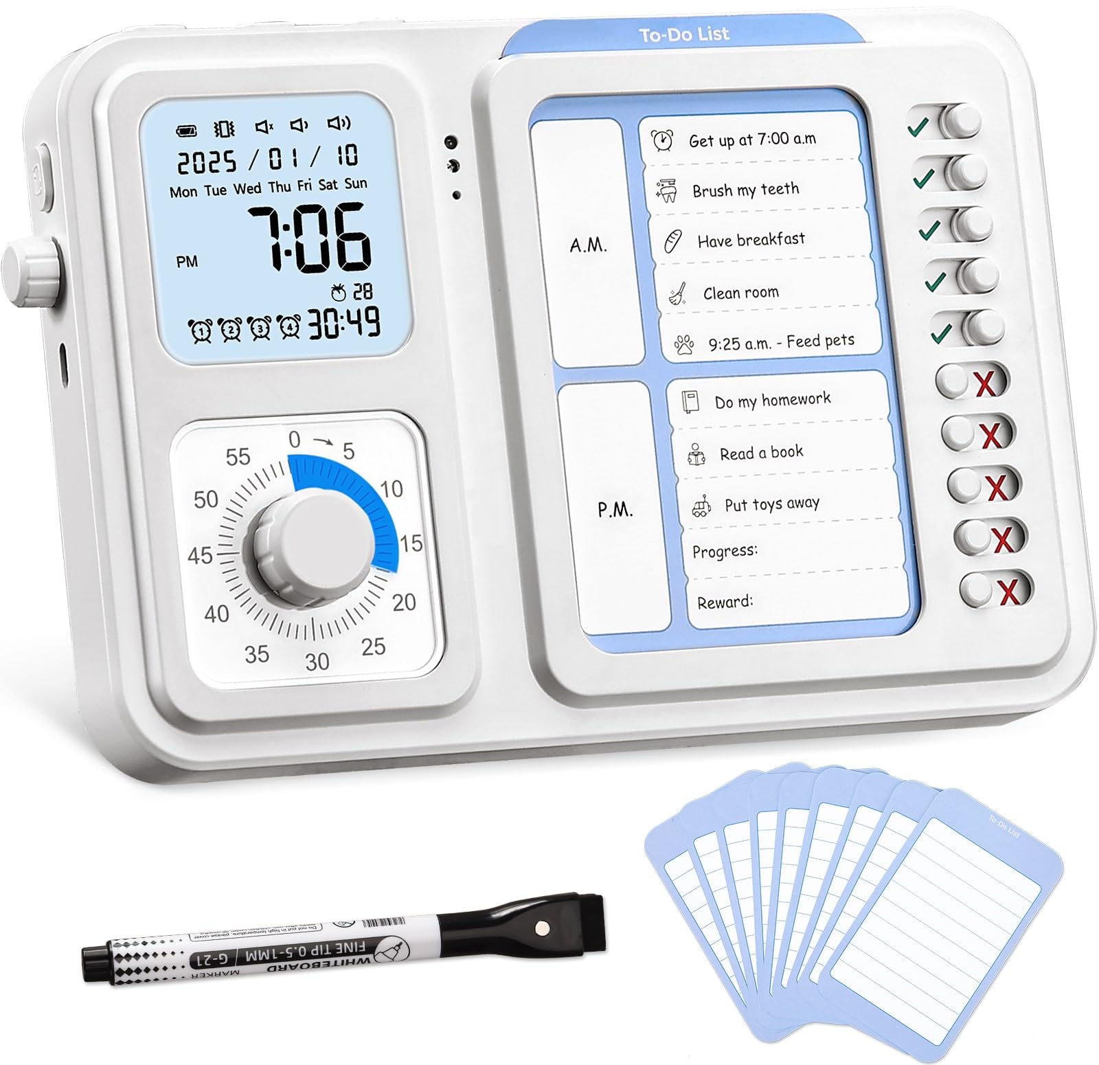 3-in-1 Visual Timer & ADHD Tool for Kids|Adults, Task Timer with Chore Chart Board, Visual Schedule for Kids with Autism, Daily Checklist for Home,