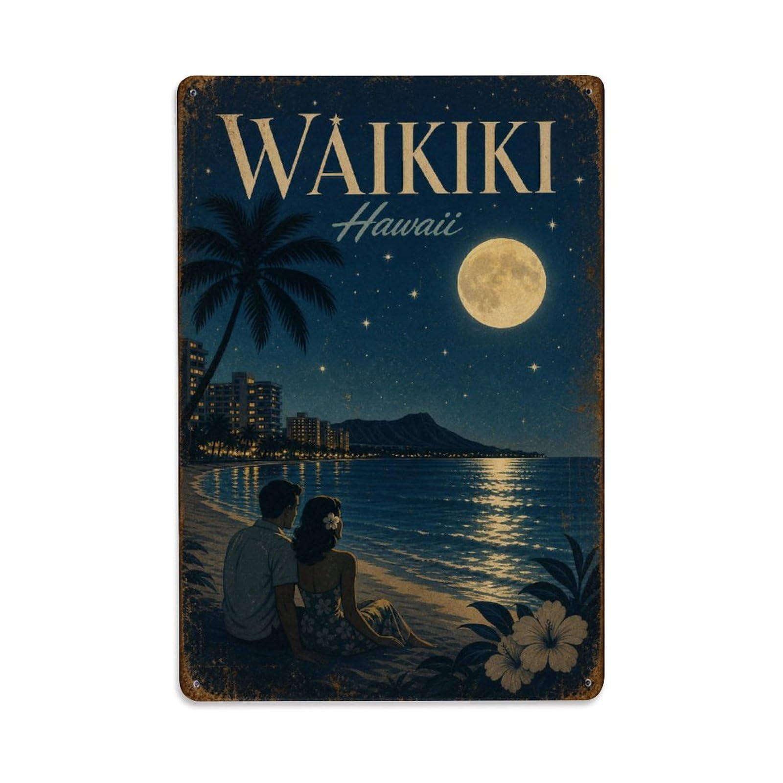 Waikiki Hawaii Island Moonlight Shore Classic Travel Metal Tin Sign
