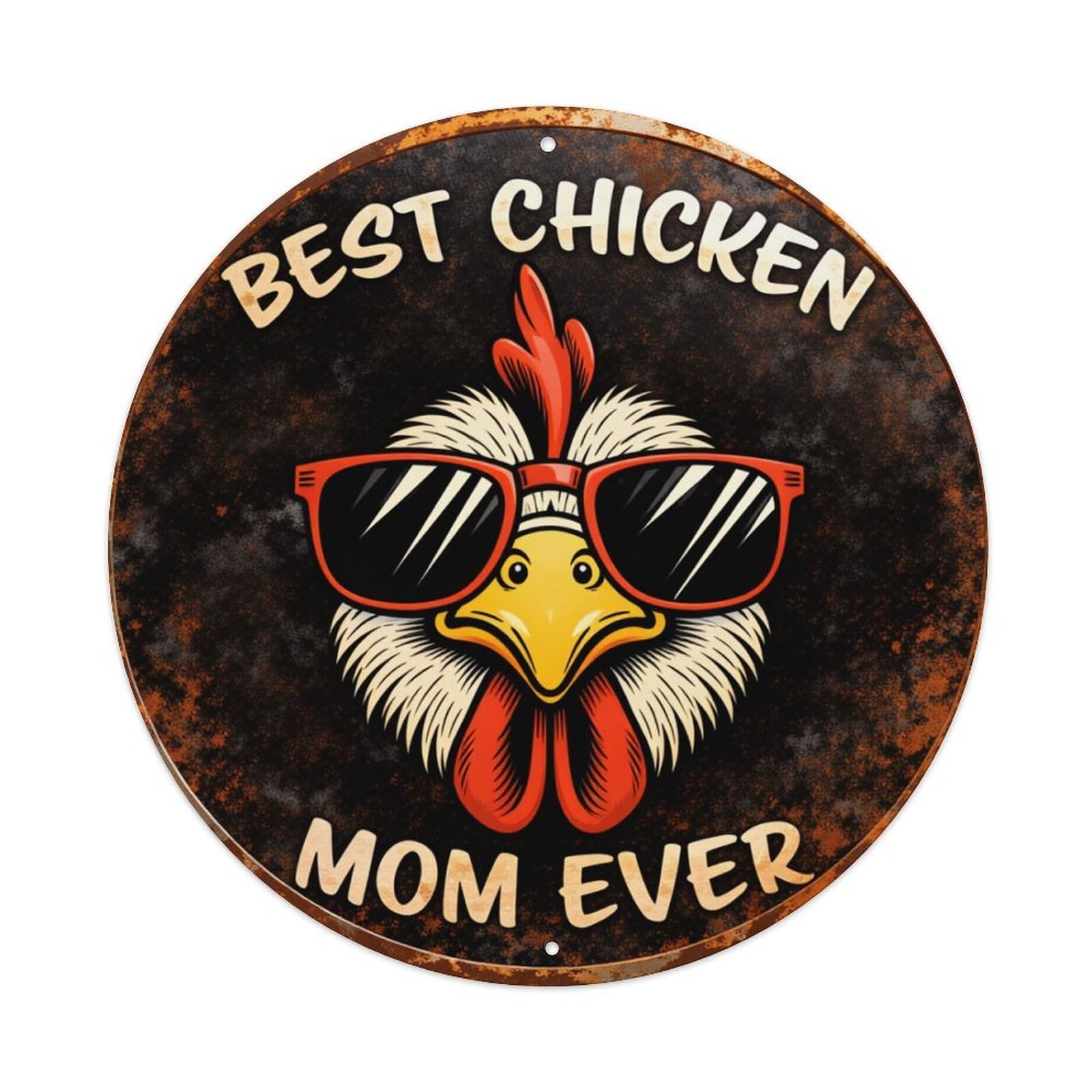 Chicken Mom With Sunglasses And Crown Round Tin Sign Retro Metal Sign for Cafe Bar Pub Home Game Room Gym Club Wall Decoration Vintage Metal Poster 8x8 Inch