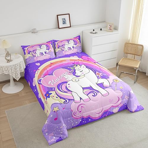 Miniatura 5 de Feelyou Juego de edredón de unicornio para niñas, tamaño individual, juego de ropa de cama de unicornio, 2 piezas Kawaii arcoíris reversibles con