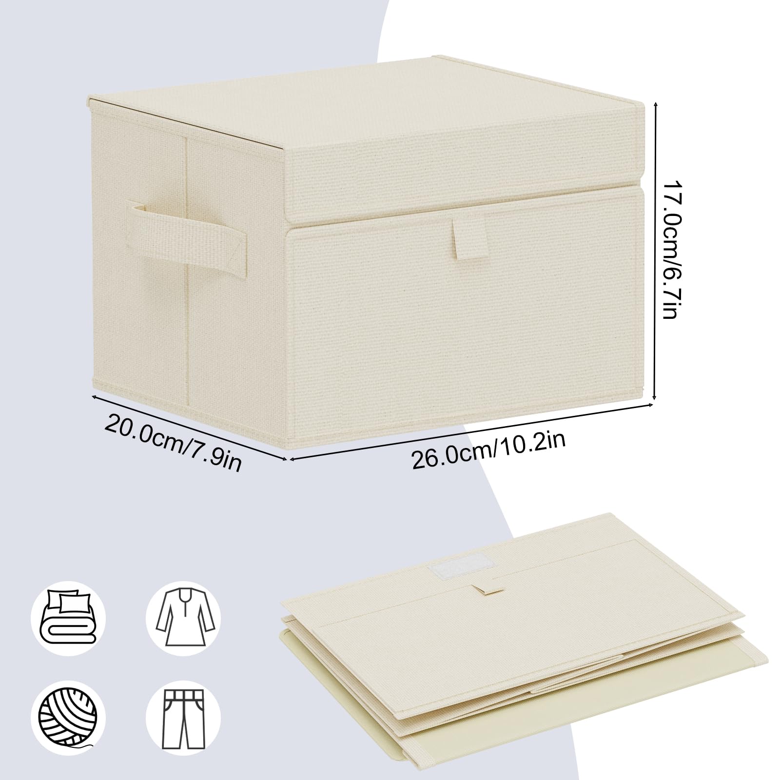 Cubo di Stoccaggio in Tessuto, Cesto Portaoggetti con Coperchio, Organizzatore di Vestiti con Manici, Utilizzato in Camera da Letto o Soggiorno, 4 Pezzi, 26x20x17cm, Beige