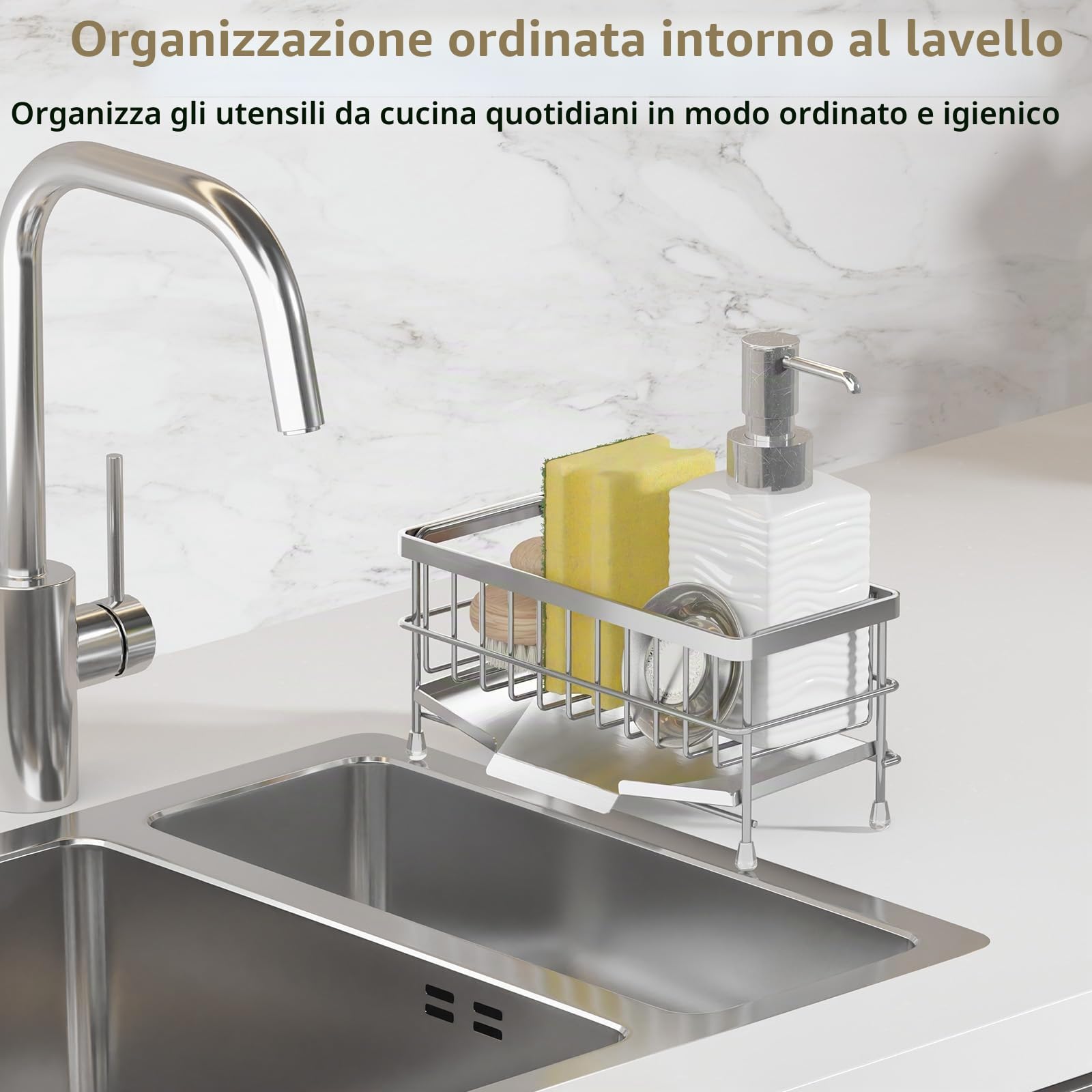 PAVSTINE Porta Spugne Lavello Cucina in 304 Acciaio Inox, Portaspugne per Lavello con Raccogli Gocce Scolapiatti Rimovibile, Portaoggetti Spugne per Cucina Appoggio, Kitchen Organizer Facile da Pulire