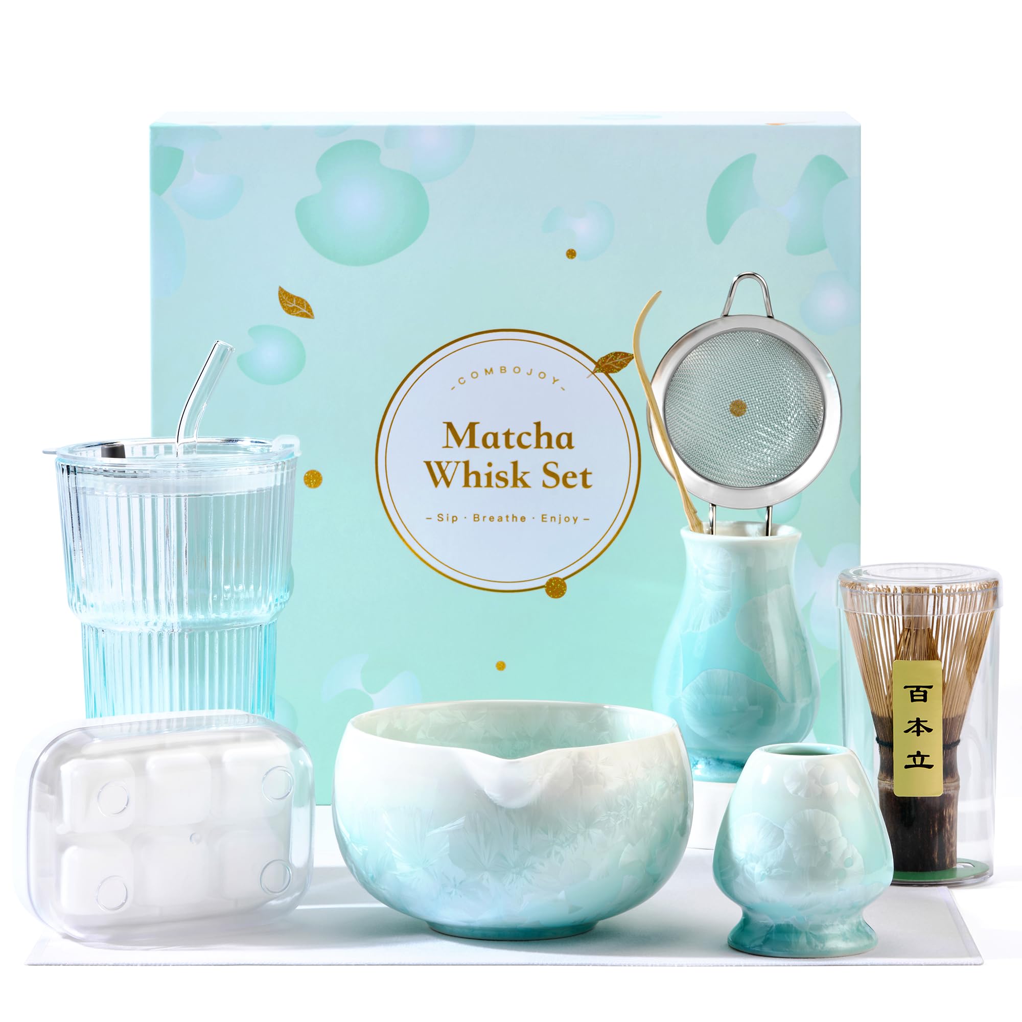 ComboJoy Ensemble de fouet à matcha – Bol à glaçage cristallin, fouet et support en bambou, cuillère et tamis avec support, tasse avec couvercle et paille, plateau à glaçons et torchon – Coffret