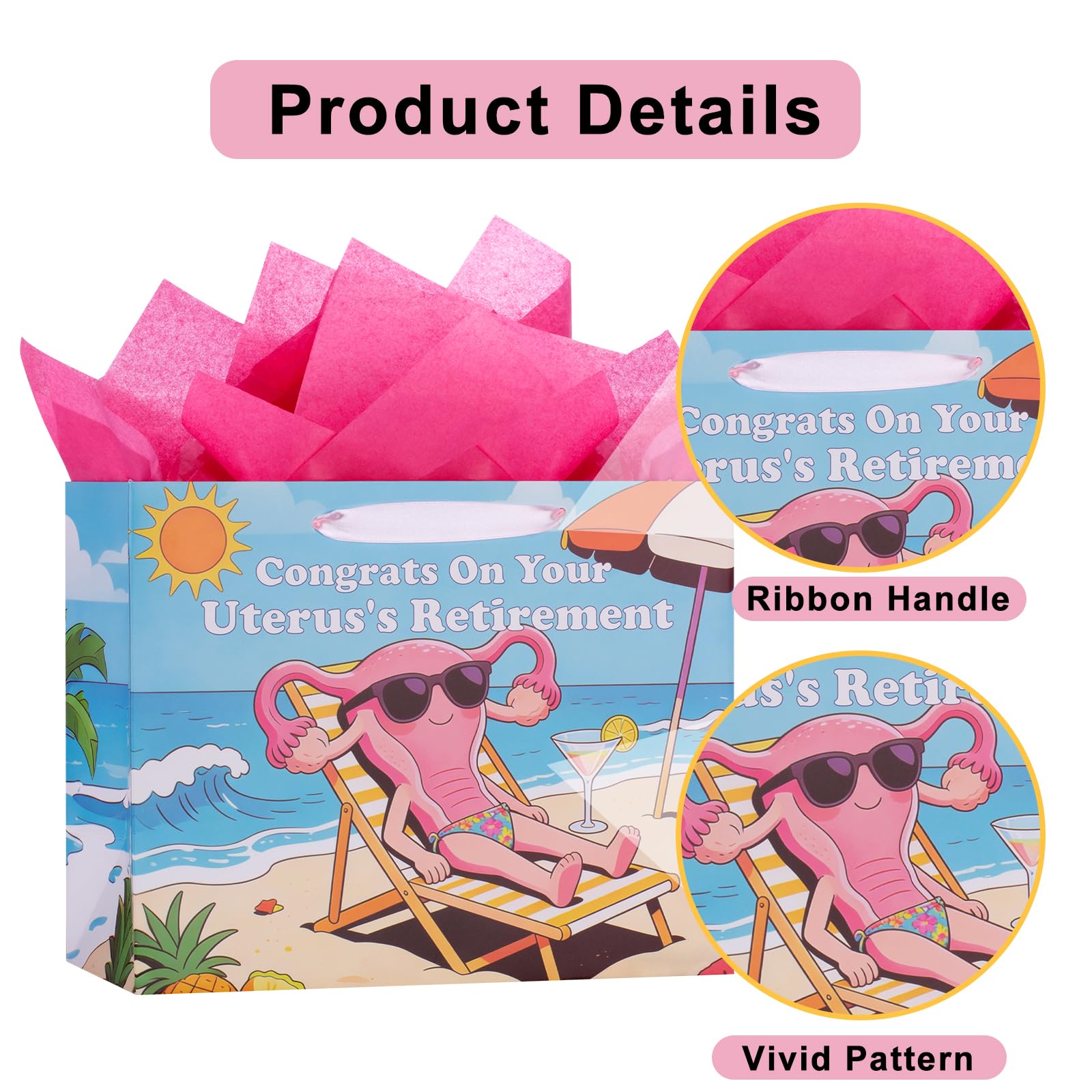 bigniuzi Hysterectomy Recovery Gift Bag Congrats On Your Uterus's Retirement Bag with Tissue Paper Greeting Card Hysterectomy Recovery Gift Wrapping Paper for Women Mom Friends Sister
