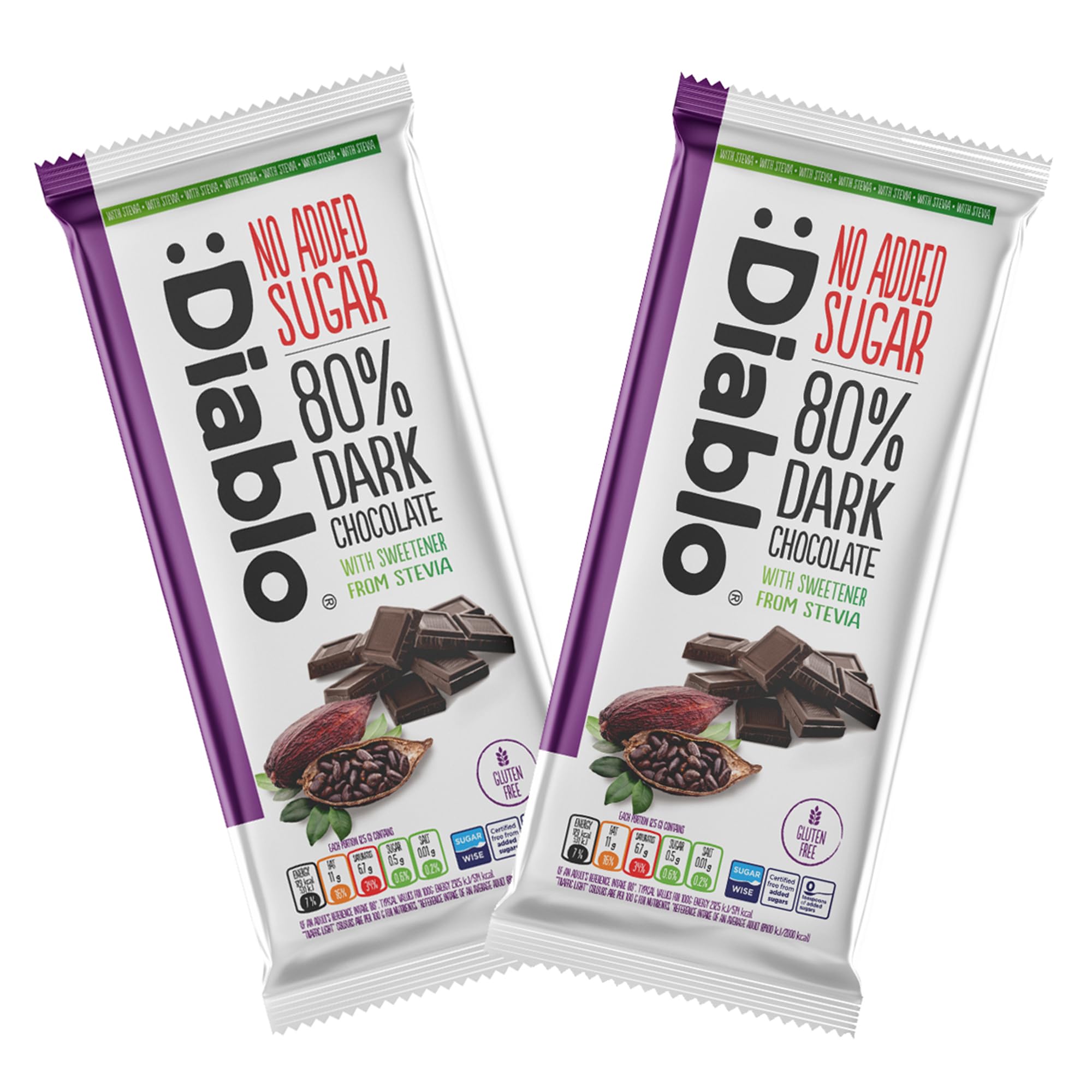 Diablo No Added Sugar 80% Dark Chocolate – No Added Sugar Chocolate Bar, Sweetened with Stevia, Gluten Free, Ideal for Any Occasion, Birthdays, Valentines, or Gift Hampers, 75g (Pack of 2)