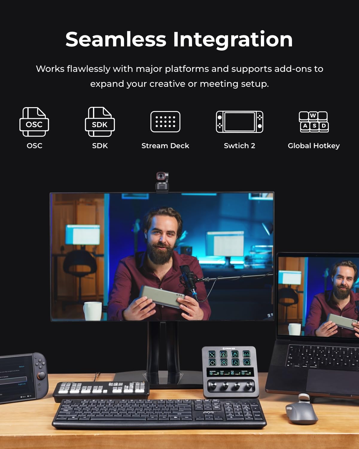 OBSBOT Tiny 3 ze statywem, kamera internetowa PTZ 4K z dźwiękiem przestrzennym, tri-mikrofon, czujnik 1/1,28", 120 FPS DGG HDR, kamera PC ze śledzeniem AI, rozpoznawaniem mowy, PDAF, idealna do