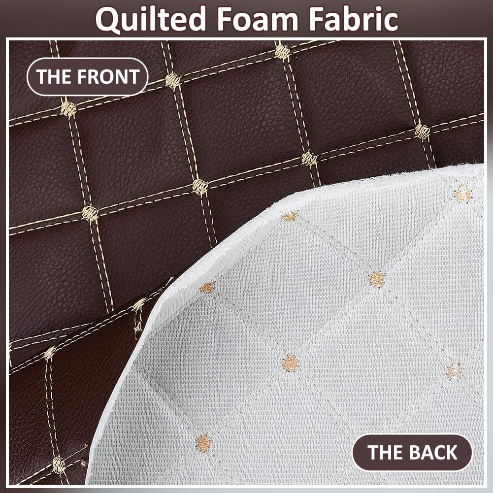 MAYJOYDIY 2.1 Yards Quilted Foam Fabric Faux Leather Fabric 61 inch Diamonds Pattern Leather Fabrics with Brown Stitch for Car Automotive Interior Furniture Upholstery (Brown)