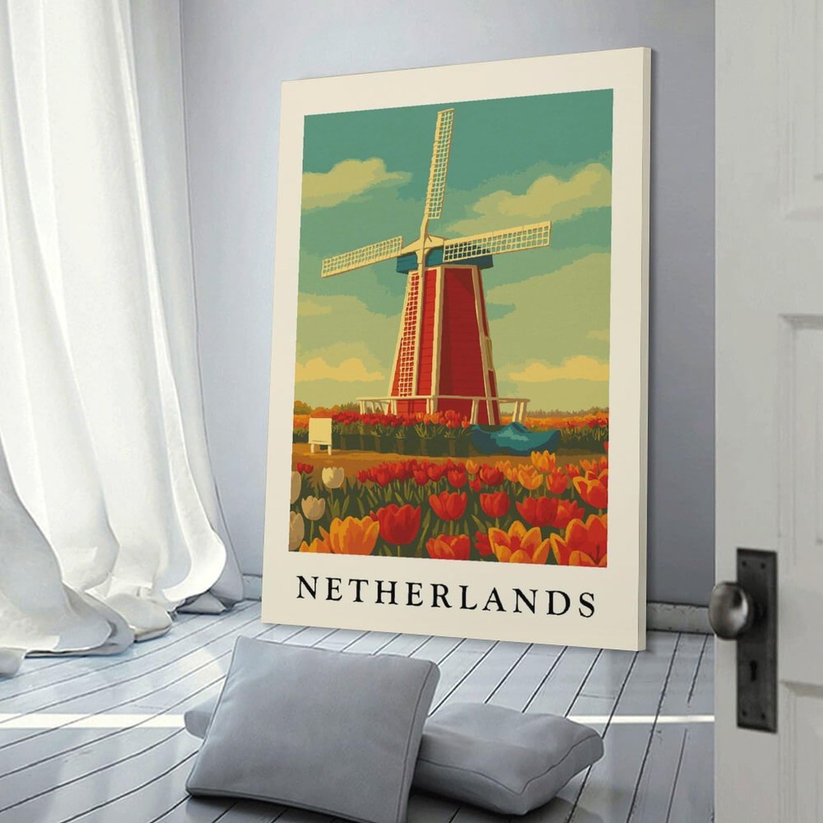 Junmoney Netherlands Windmill And Tulips Art Print Canvas Art Print, 20x30inch(50x75cm), for Restful Interiors, Bedrooms Or Small Rooms, A Warm Accent for Relaxed Interiors