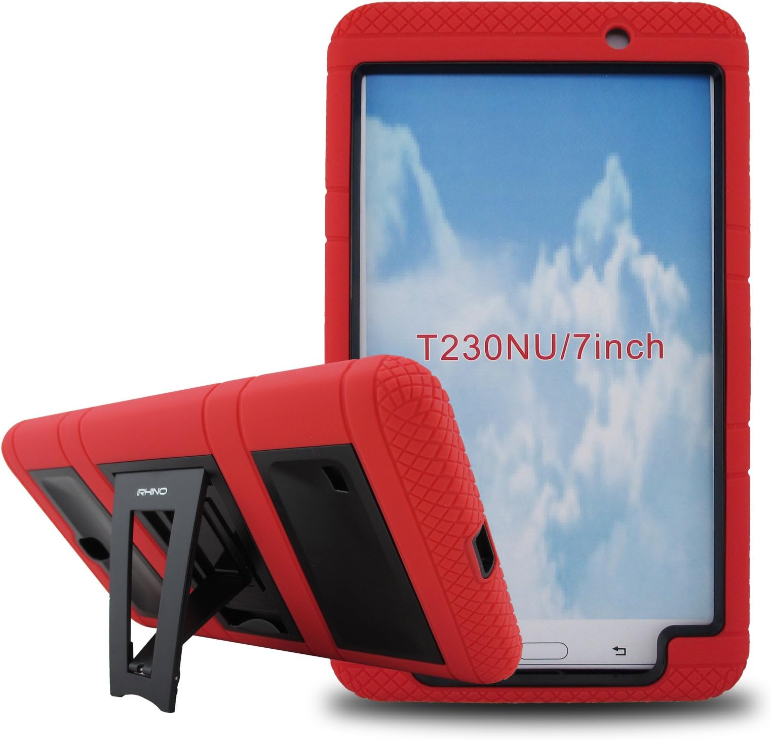 [iRhino] TM Heavy Duty rugged impact Dual Layer Hybrid Case cover with Build In Kickstand Protective Case For Samsung Tablet galaxy Tab 4 7 inch T230 (RED ON BLACK)