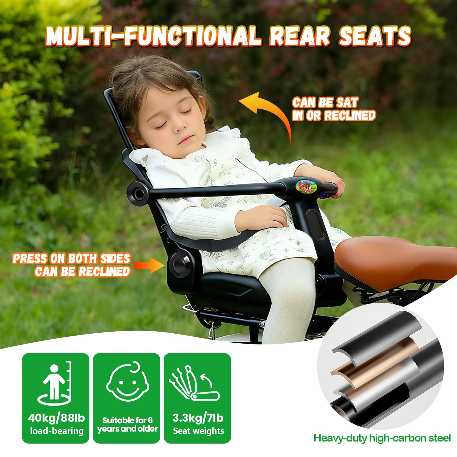 auvstar Silla Bicicleta niño Trasera,Asiento Trasero de Bicicleta con Respaldo,Ajustable para Sentarse o Reclinarse,Cojín de Asiento de PU con Barandillas de Seguridad y Reposapiés