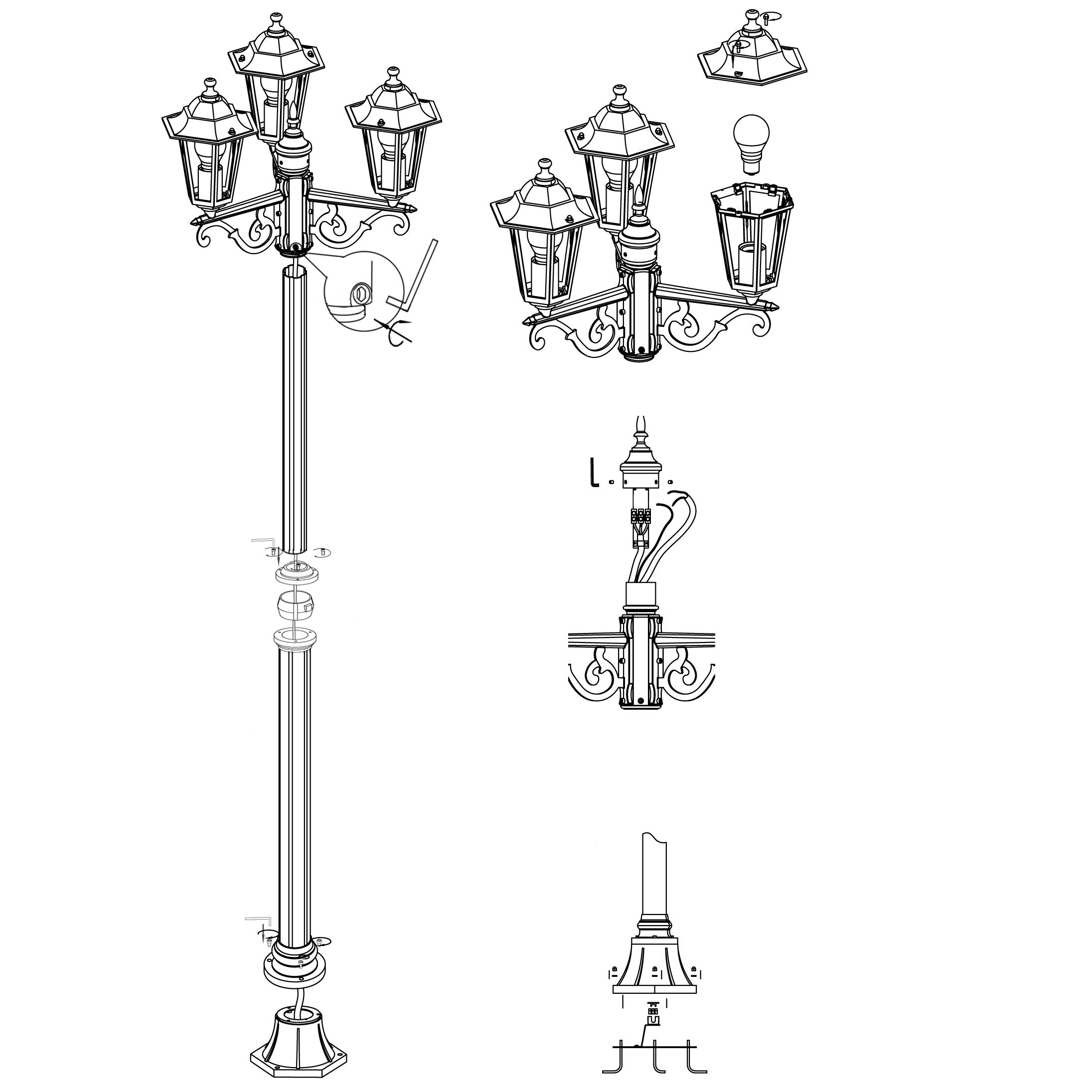 EGLO Lampadaire parisien Laterna 5 à 3 têtes, luminaire extérieur sur pied | Lampes en aluminium moulé sous pression et verre, blanc, culot E27, protection IP44