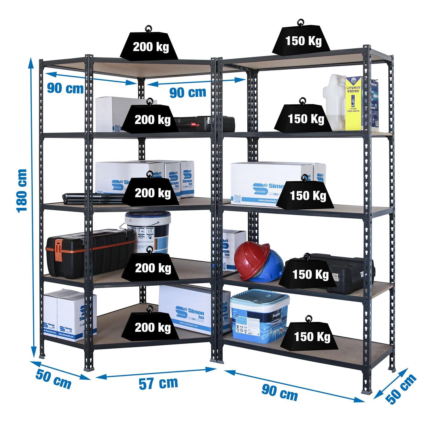 Simon Rack Estanteria Esquina Metalica, 1800x1800x500 mm, 5 Baldas Madera, 200 kg de Punto Flexión, Estanterías Almacenaje, 1 Módulo Extra, Antracita/Madera - Maderclick Corner