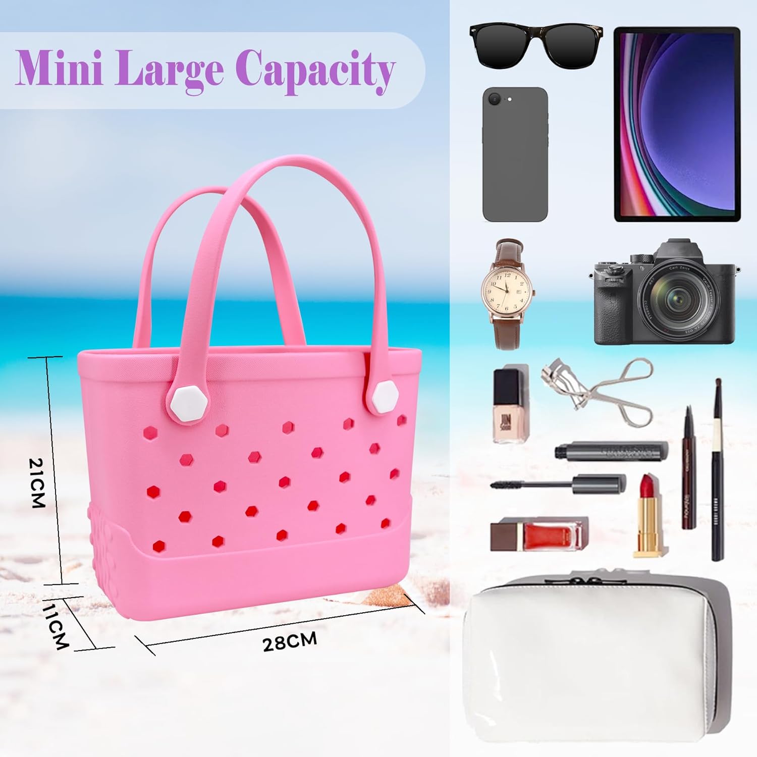 Small Rubber Beach Bag, EVA Travel Mini Tote for Women Waterproof Outdoor Beach Tote Washable Bitty Bag Open Handbag - Image 4