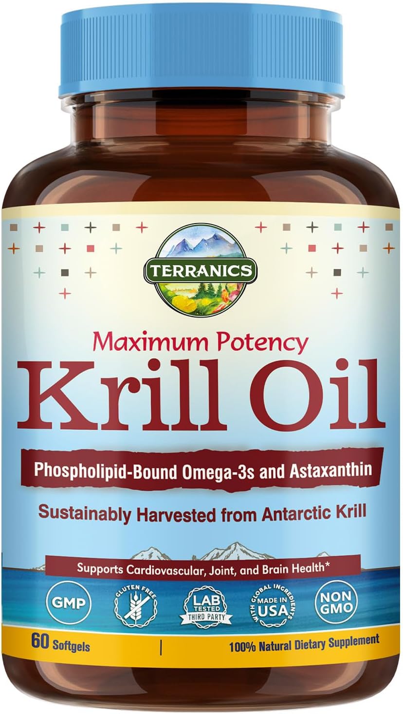 Terranics Krill Oil 1250mg, 60 Softgels, Non-GMO, Soy, Dairy & Gluten Free, for Men and Women