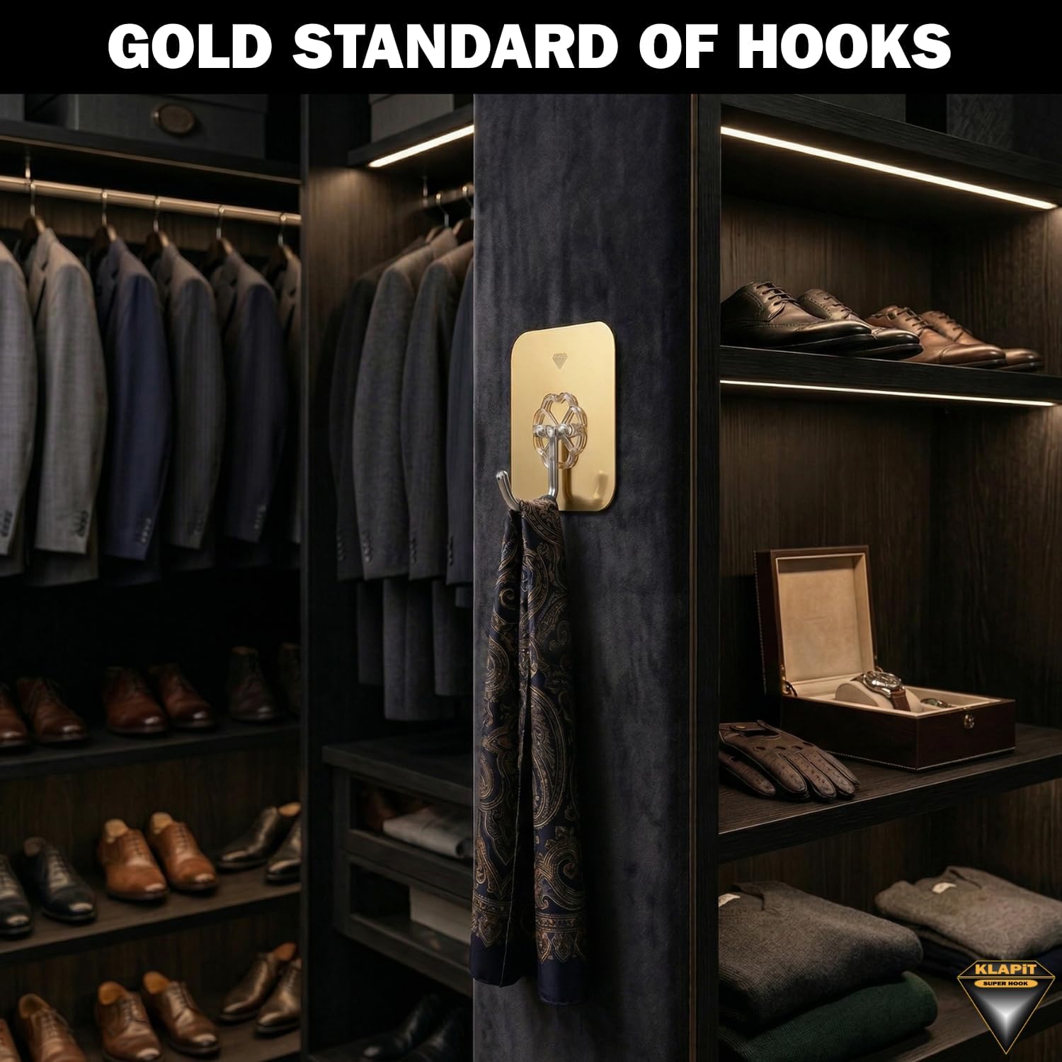 KLAPiT Super Hook - Heavy-Duty Adhesive Gold Wall Hooks Made of Stainless Steel, Holds up to 11 lbs, Waterproof, No Damage, Easy Install on Tile, Wood, Stone, Glass & Metal (Gold, 16pc)