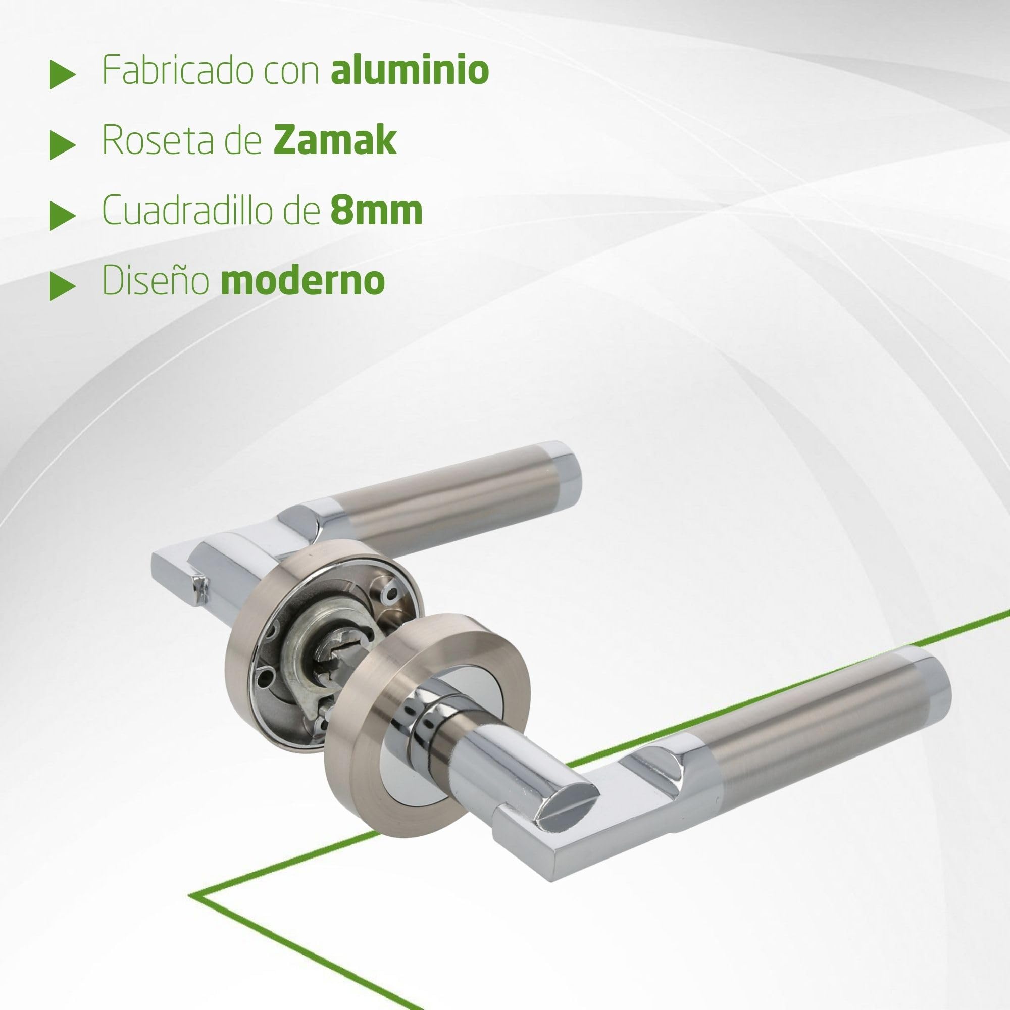 Amig - Pack de 4 Juegos de Manillas de Roseta para Puertas - Mod. RUMI - Ø52 mm - Cuadradillo de 8 mm - Manija de Diseño Elegante y Sencillo - Aluminio Níquel Cepillado