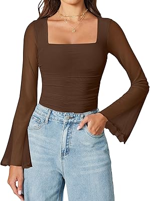 Avidlove Bodysuits for Women Long Bell Sleeve Mesh Square Neck Body Suits Going Out Tops Country Concert Outfits