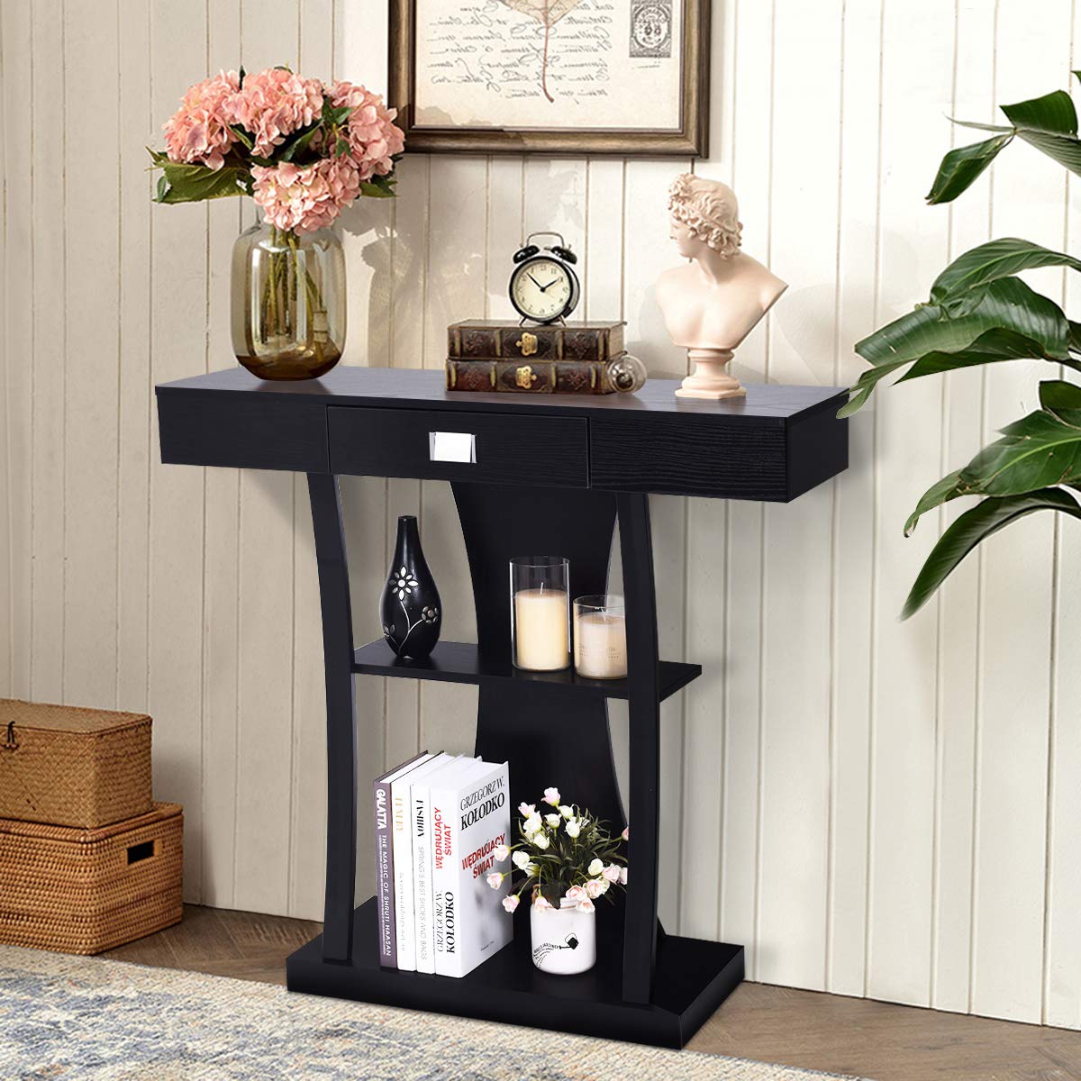 Giantex Console Table, Sofa Table with Drawer and 2-Tier Shelves, Accent Table for Entryway, Hallway and Living Room (Black)