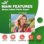 Uinkit Glossy Inkjet Photo Paper 8.5x11 Inches 40 Sheets 48lb Dye Ink 180Gsm Professional Photographic Paper Letter Size 8.5mil Instant Dry Suitable for All Dye Ink Printers (8.5"x11"x40Sheets)