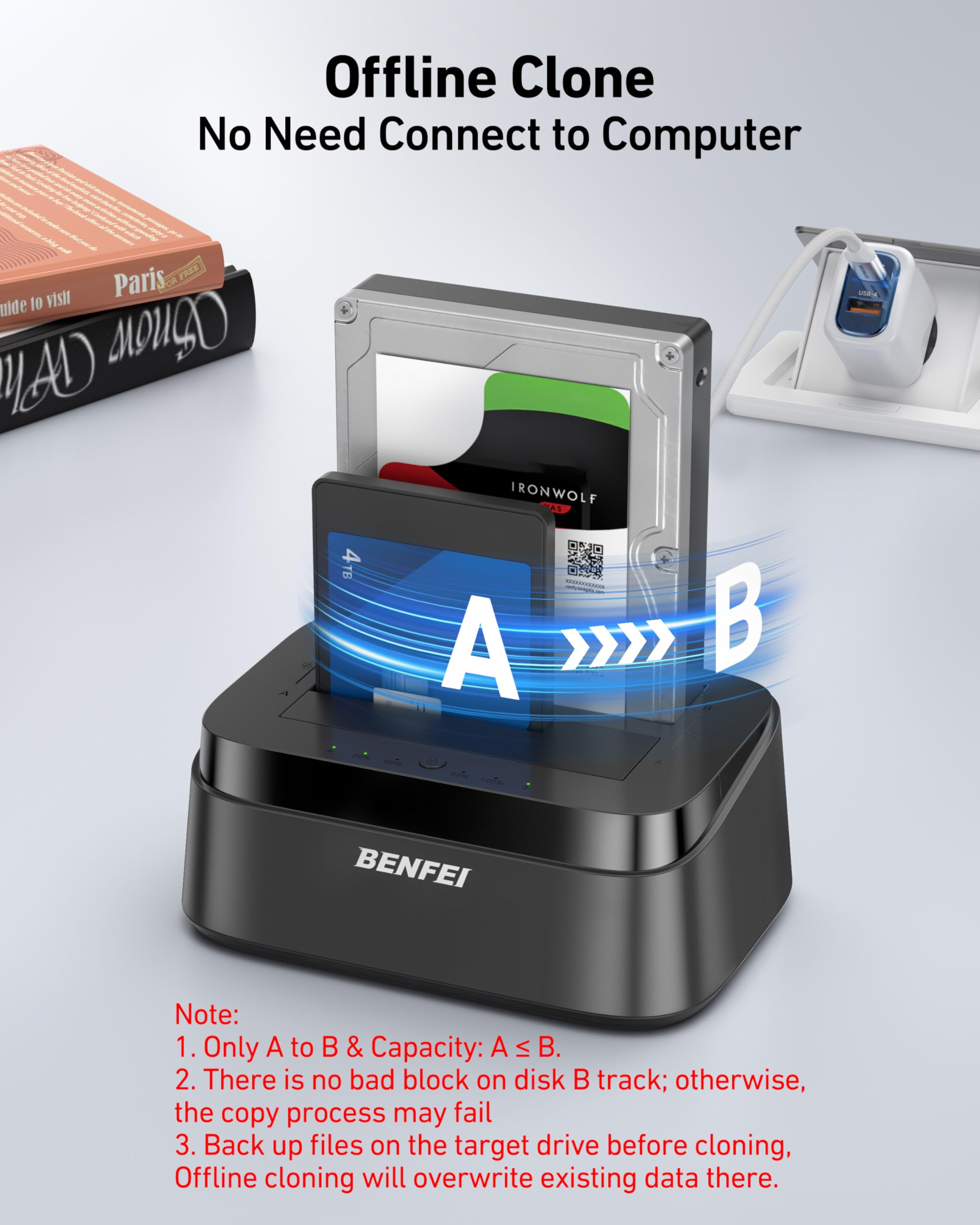 BENFEI Station d'accueil pour Disques Durs avec Fonction de Clonage Hors Ligne UASP, Dock Double Baie USB-C pour HDD/SSD 2.5/3.5", Jusqu'à 5 Gbit/s | Installation sans Outil