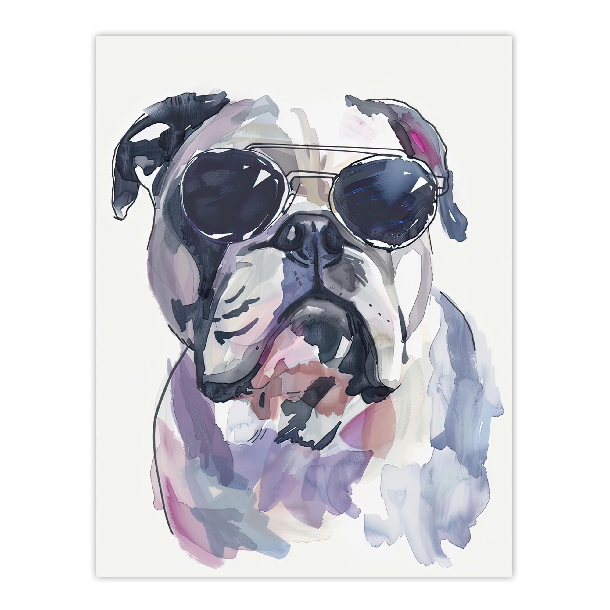 Artery8 English Bulldog Aviator Sunglasses Watercolour Wall Art Print W18" x H24"