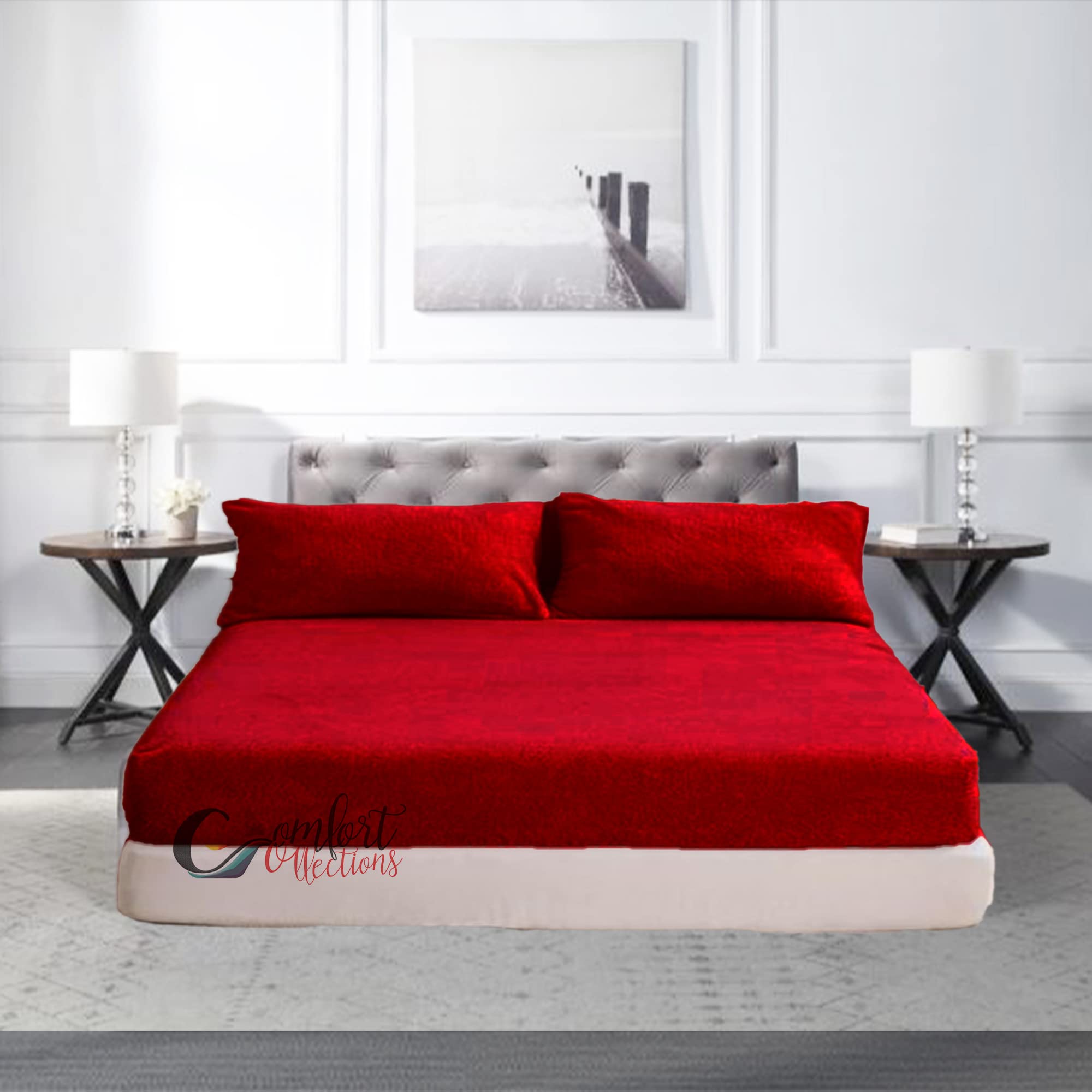 Comfort Collections Red Fleece Fitted Bed Sheet Extra Deep 30Cm (12” Inches) Teddy Fleece Warm And Cosy Fitted Bed Sheet Superking 180Cm X 200Cm + 30Cm Approximate