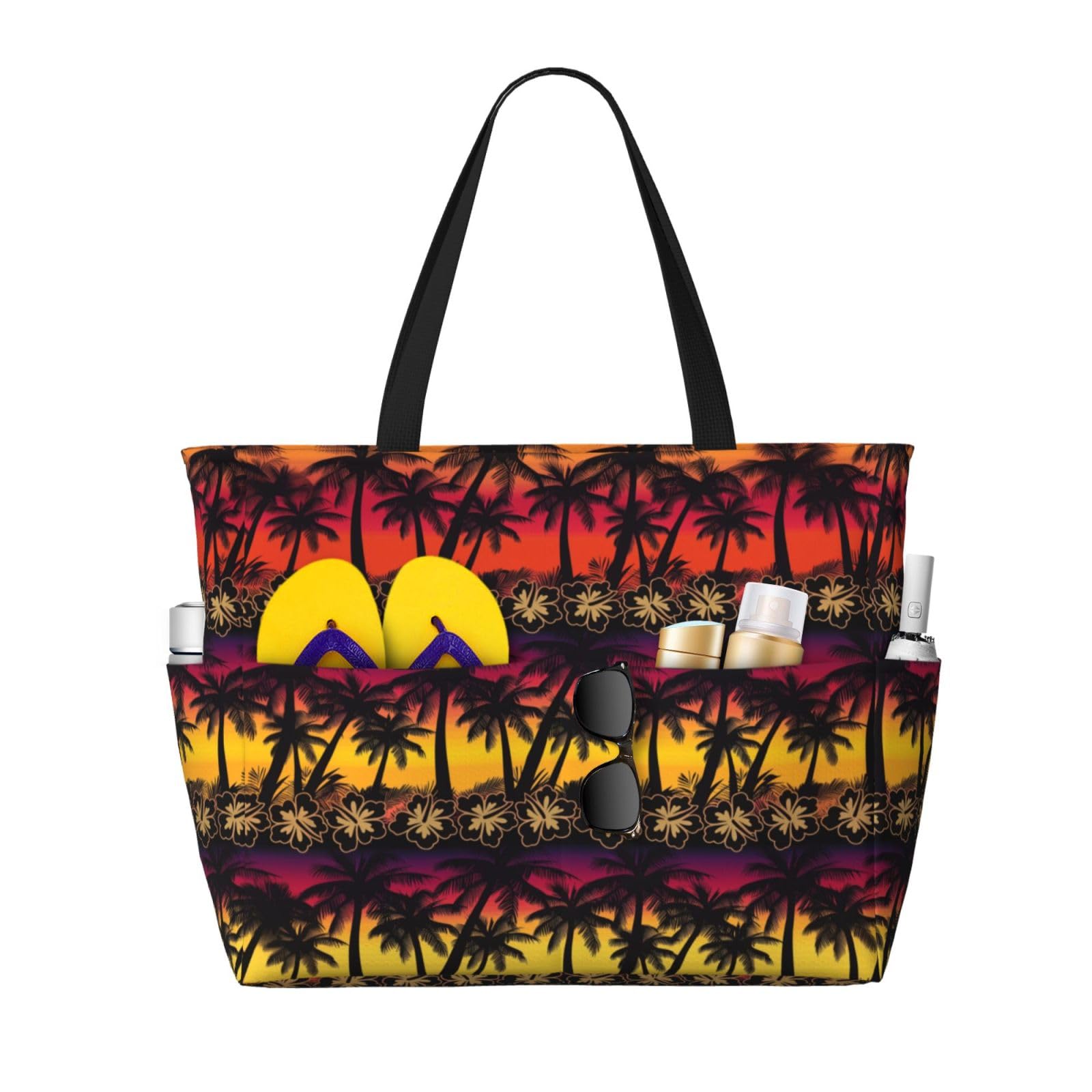 REVENEVER Beach Tote Bag for Women Foldable Waterproof and Sandproof Tote Bag with Zipper Print Beach Bag Large Travel Bag