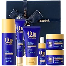 QUIYUM Q10 & Vitamin E Complete Skincare Set 6-Step Daily Routine with Cleanser, Toner, Serum, Eye Cream, Day & Night Moisturizer Hydrating, Firming, Radiant Skin Care Kit for All Skin Types