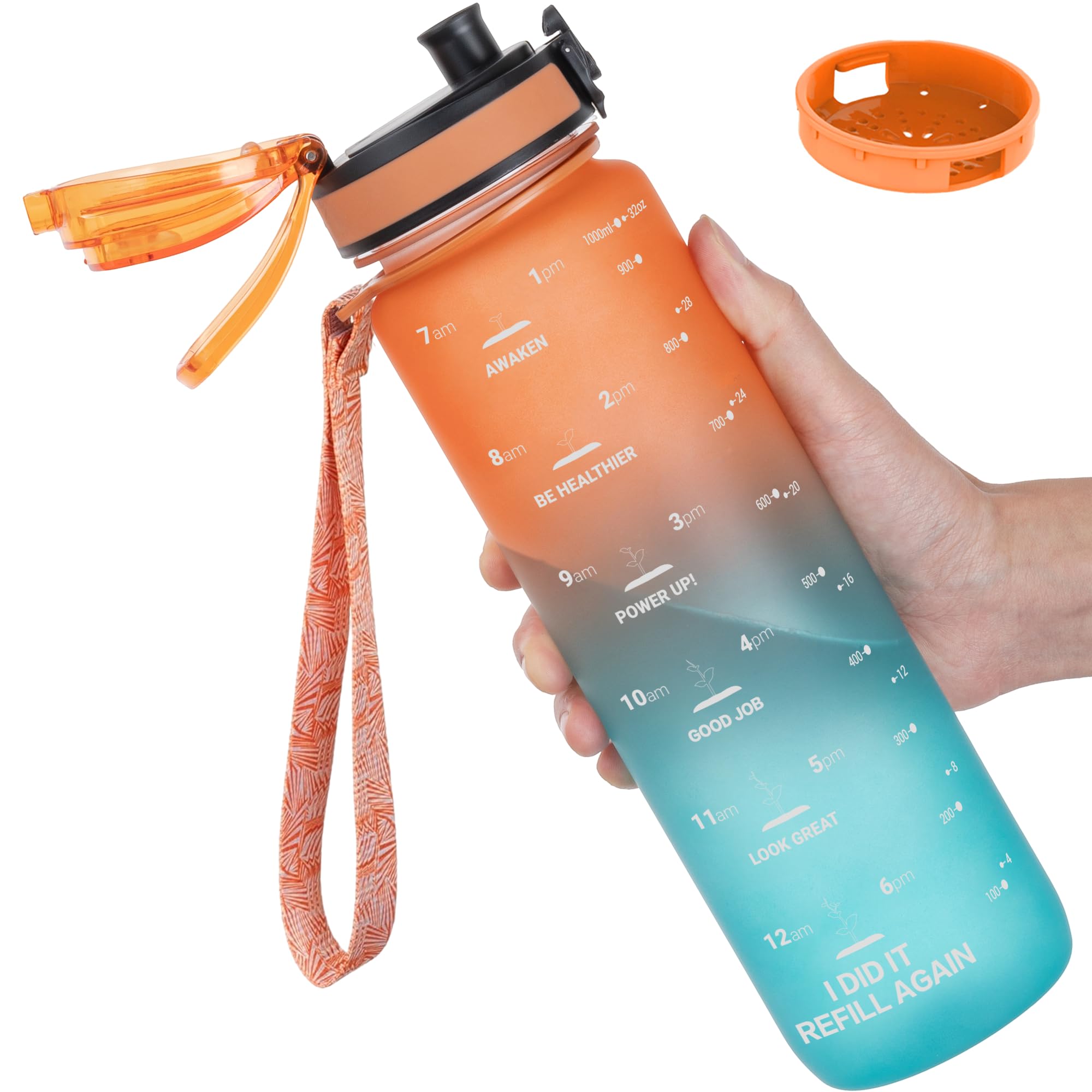 GOPPUS 1L/32oz Tritan Water Bottle (No Straw)-Soft Matte Finish Drink Bottle with Measurements Bottles with Lockable Flip Top Motivational Bottles with Time Marks for Adults BPA Free (Orange Green)