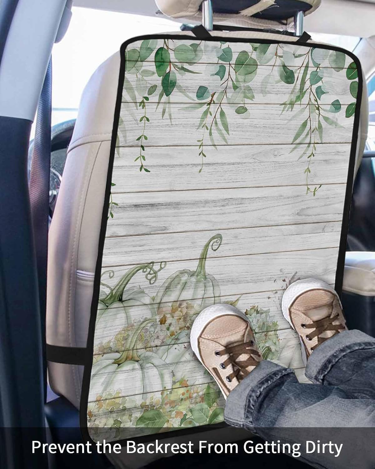 Car Seat Protector, 2 Pack Kick Mats Back Seat Protector Fall Thanksgiving Pumpkin Hydrangea Eucalyptus Wood Grain Waterproof Backseat Cover for Kids Universal Fit Automotive Interior Protectors