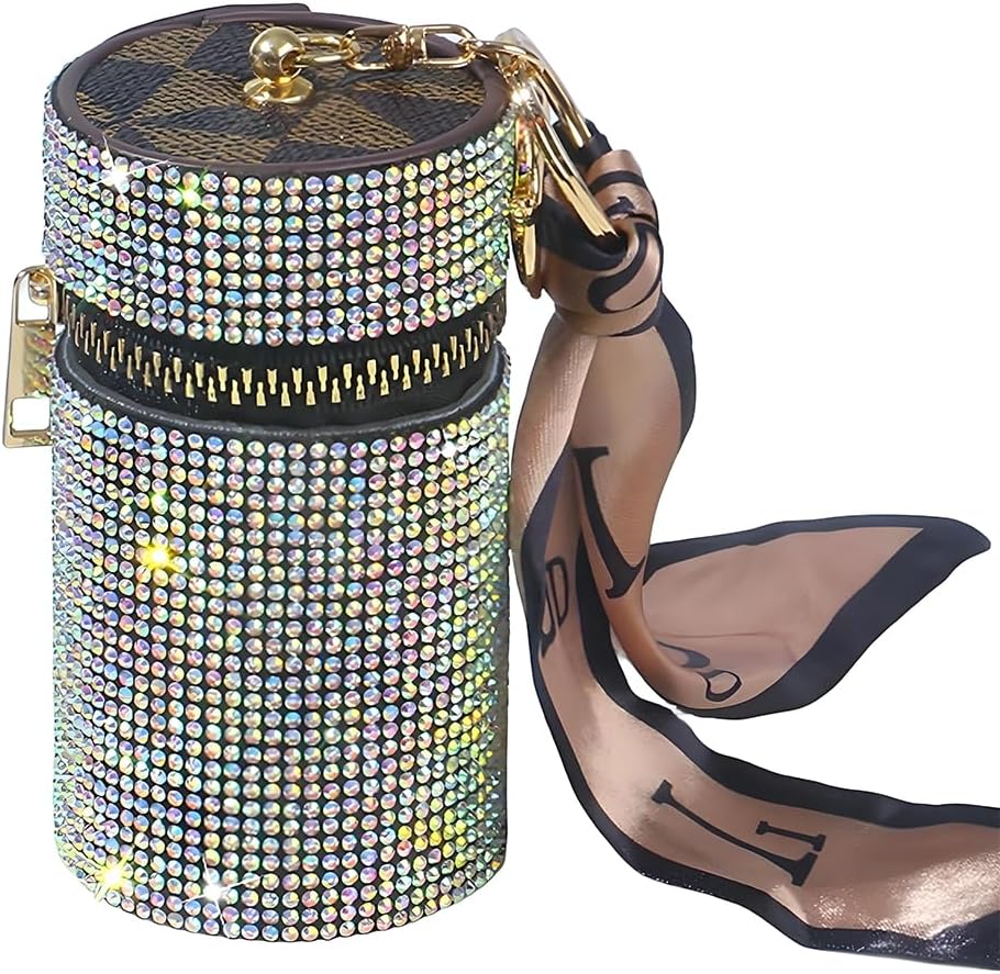 Bling Rhinestone Shiny Lipstick Case Keychain, Leather Diamond Lip Gloss Holder, Travel Lipstick Organizer for Purse Perfume Fingernail Polish (Colorful)