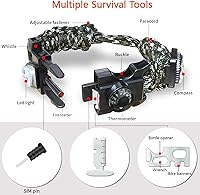 Vista 29 de Brazalete de paracord de supervivencia 20 en 1, kit de equipo ajustable con luz LED SOS, arrancador de fuego, brújula más grande, silbato