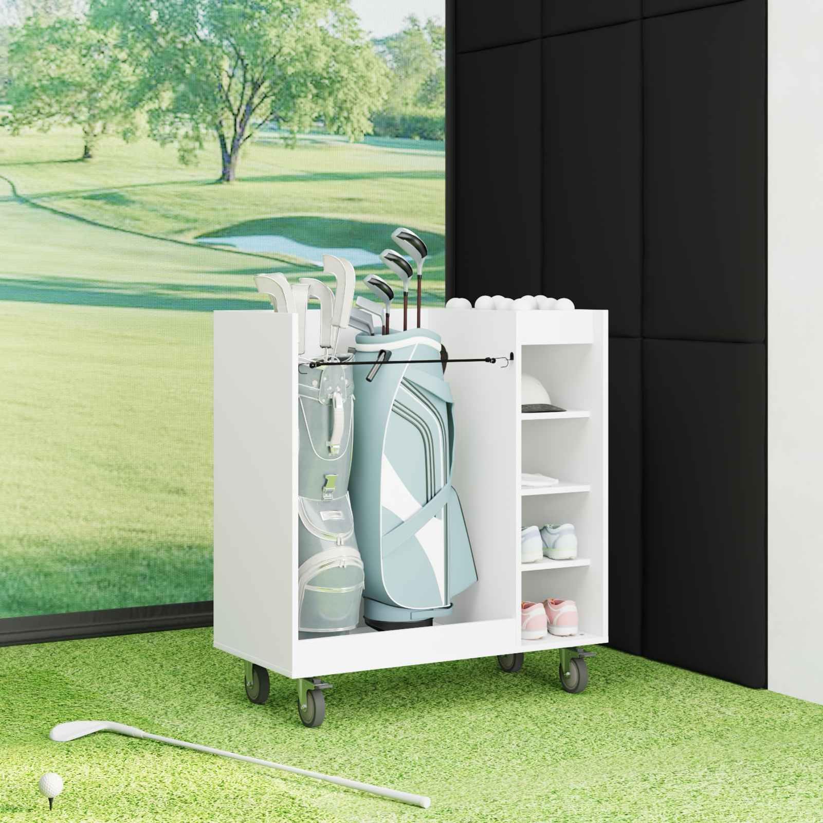 Gecheer Golf Schrank, Holz Schrank mit Rad 90 x 45 x 98 cm weiß, freistehende Regale, Metallrückwand, Stauraum für Garage, Haushalt, Golfzubehör
