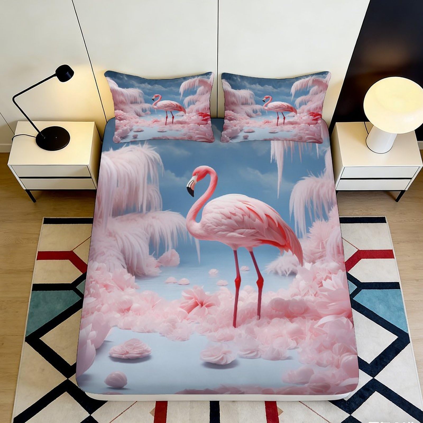 3D Printed Pink Flamingo Fitted Sheet Microfiber Soft Breathable Tropical Landscape Bed Cover for Bedroom Dormitory Guest Room Mattress Protection 180x200x25cm