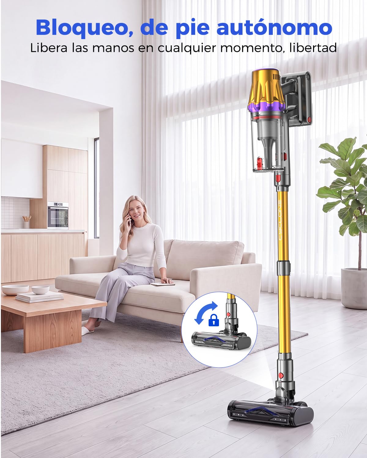 aonus Aspiradora sin Cable 60KPa/650W/80Min, Aspirador Escoba Potente | Vacuum Cleaner | Anti-Enredos | 8x3000mAh Batería | Autoportante | Luz LED Verde | para Pelo de Mascotas Alfombra Suelo Duro
