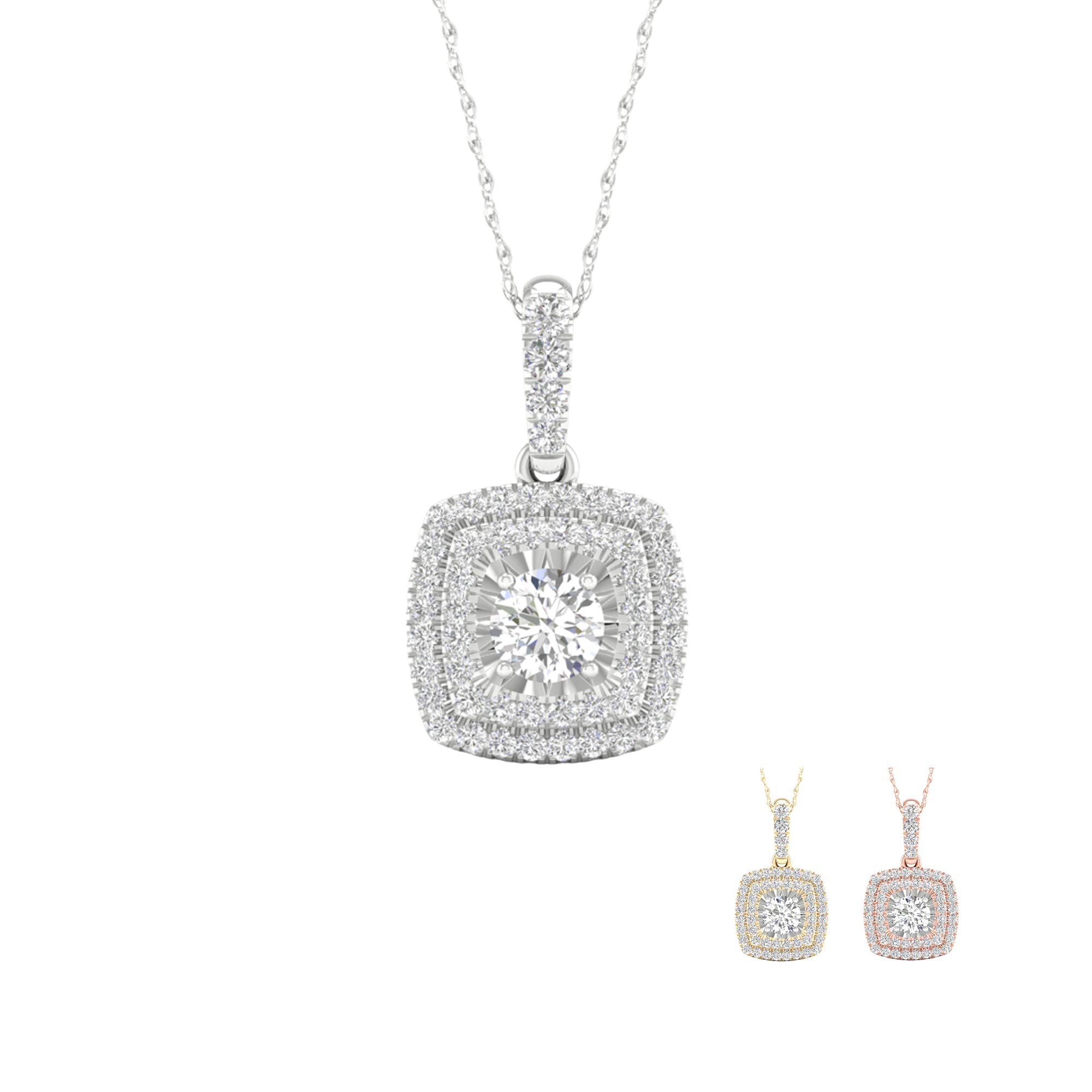 10K Gold 1/4CT TDW Diamond Double Halo Pendant Necklace For Women (I-J, I2)