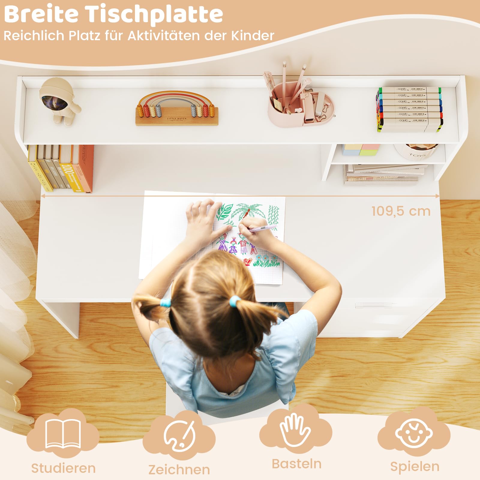 DREAMADE Schreibtisch Kinder mit Stuhl, Schülerschreibtisch aus Holz mit Schublade & offener Ablagefächer & Regal & Pinnwand, Jugendschreibtisch Schreibtischsets für Kinder ab 3 Jahren (Weiß)