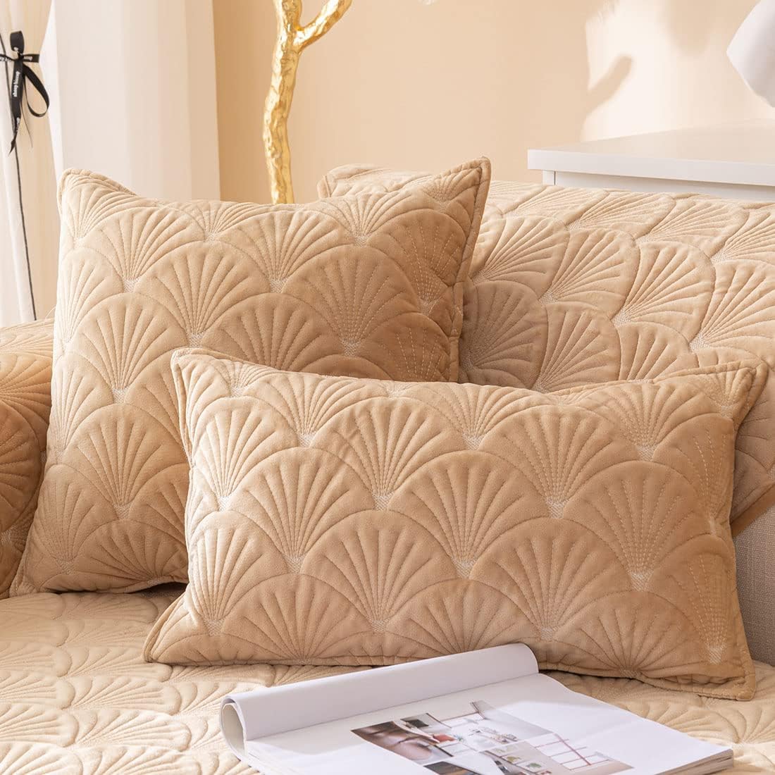 vctops 2 Pack Super Soft Velvet Plush Decorative Square Throw Pillow Covers Set Leaf Pattern Quilted Cushion Cases Pillowcases for Sofa Bedroom Car (Camel B,18"x18")