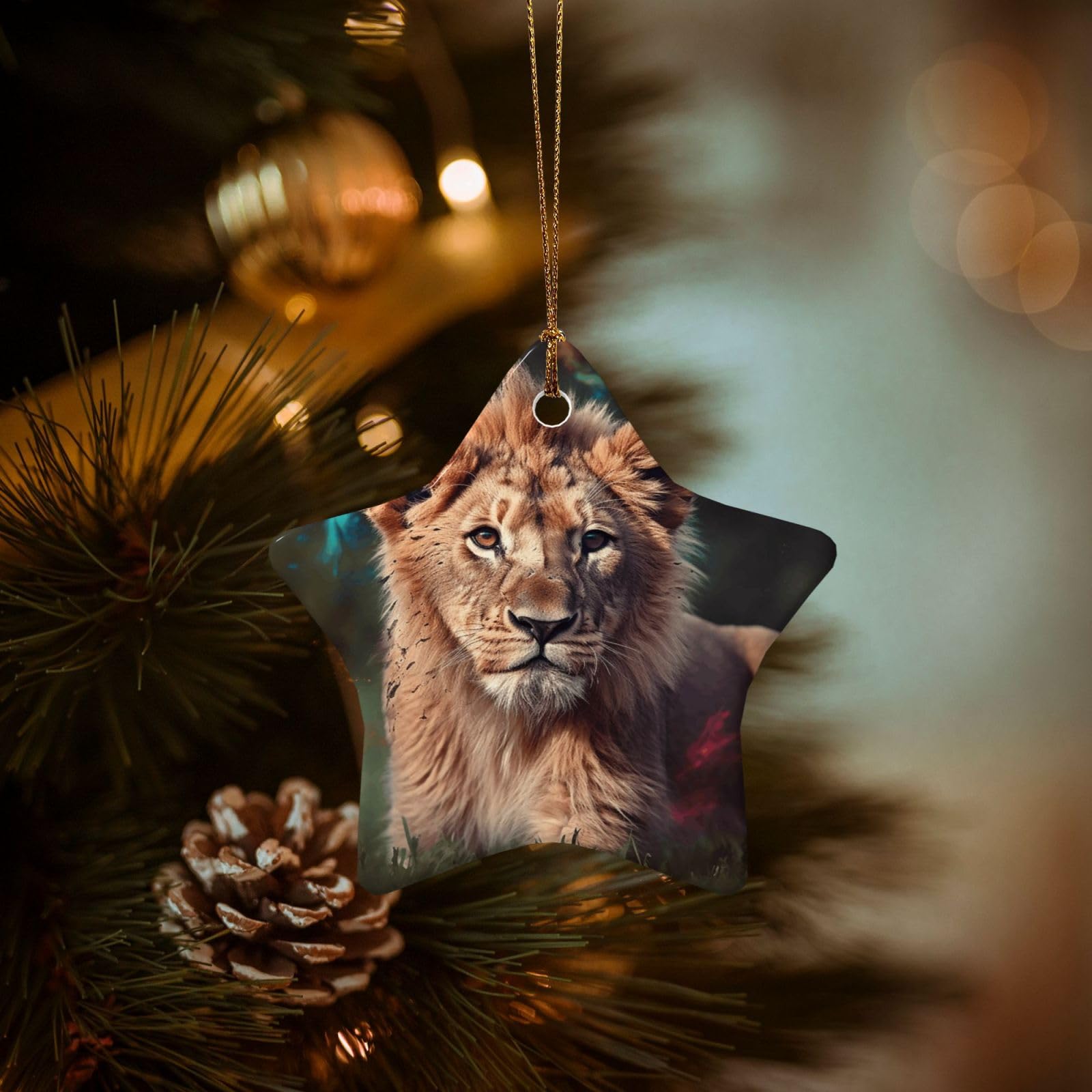 Christmas Ornaments for Christmas Tree Decoration Hanging Art Lion Ornament with Gold Ribbon Crafts Star Shape Ceramic Pendant for Keepsake Gifts Xmas Decor Party Supplies