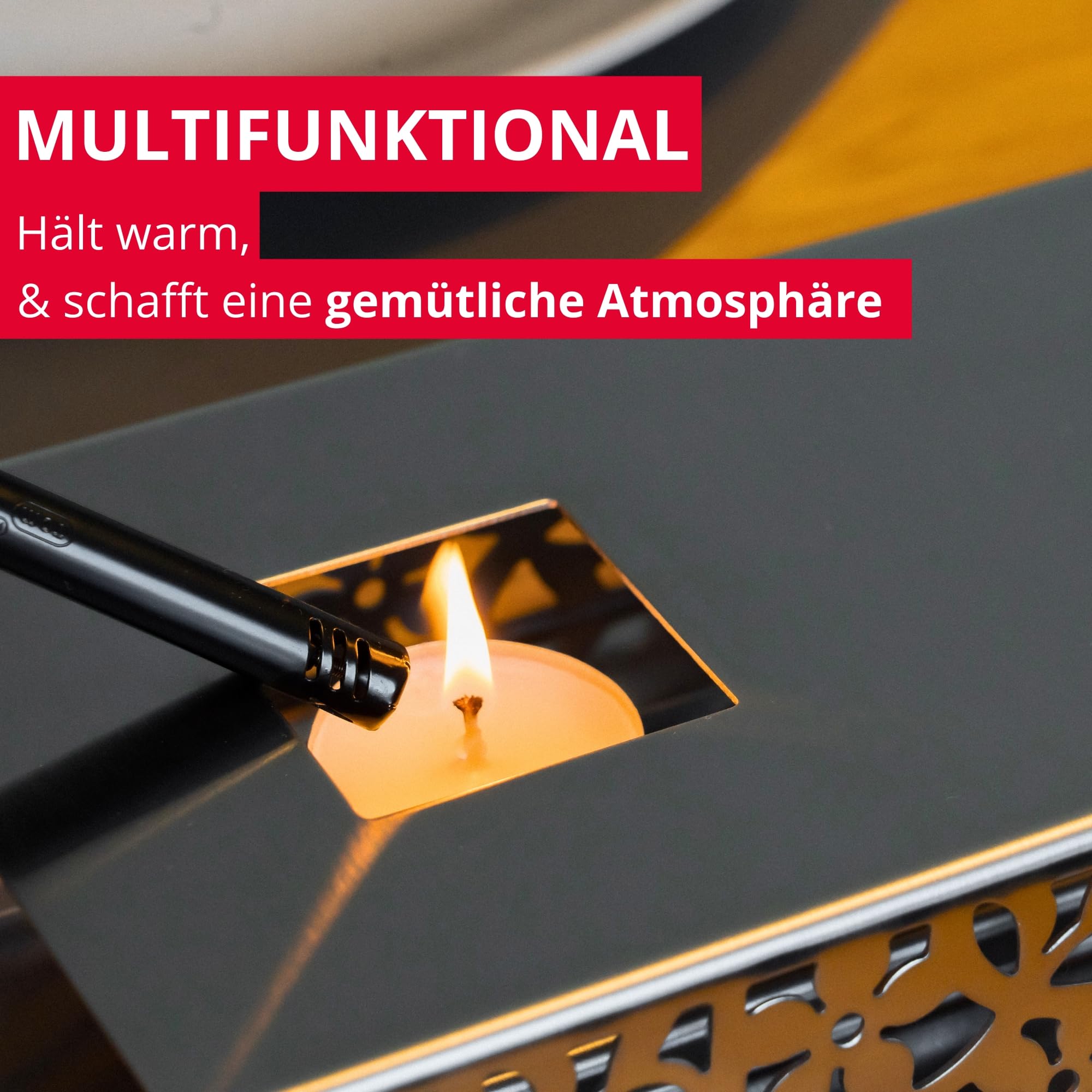 Westmark Speisenwärmer – Hochwertige Wärme-Platte zum Warmhalten von Speisen am Tisch mit zwei Teelichtern, 240 x 120 x 52 mm – rostfreier Edelstahl, Silber