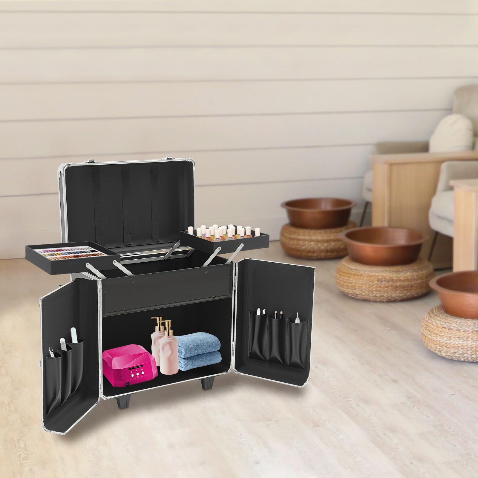 Fußpflege Koffer, Mobile-fußpflege Fusspflegekoffer mit 2 Räder 4 Schlüssel, Tragfähigkeit 50 kg, Werkzeug Organizer für Fußbadgeschäfte,Massagesalons (Schwarz+Silber)