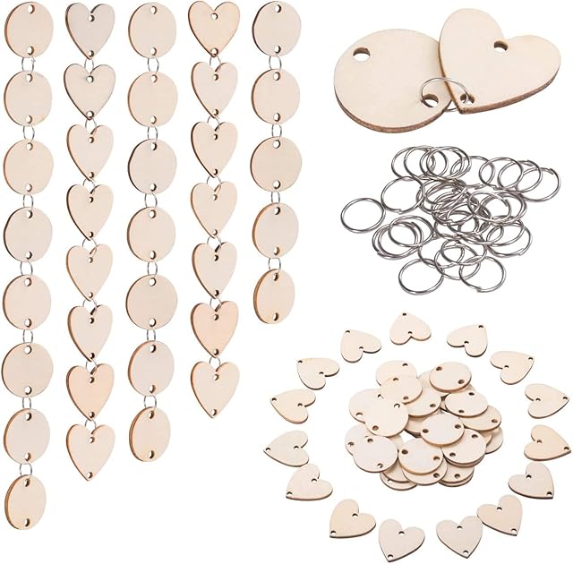 Qililandiy 50pcs Wooden Hearts, 50pcs Wooden Circles with Holes, 12 mm 100 Rings Decorations for Weddings, Parties, Anniversaries, Personalised Gifts, Arts and Crafts