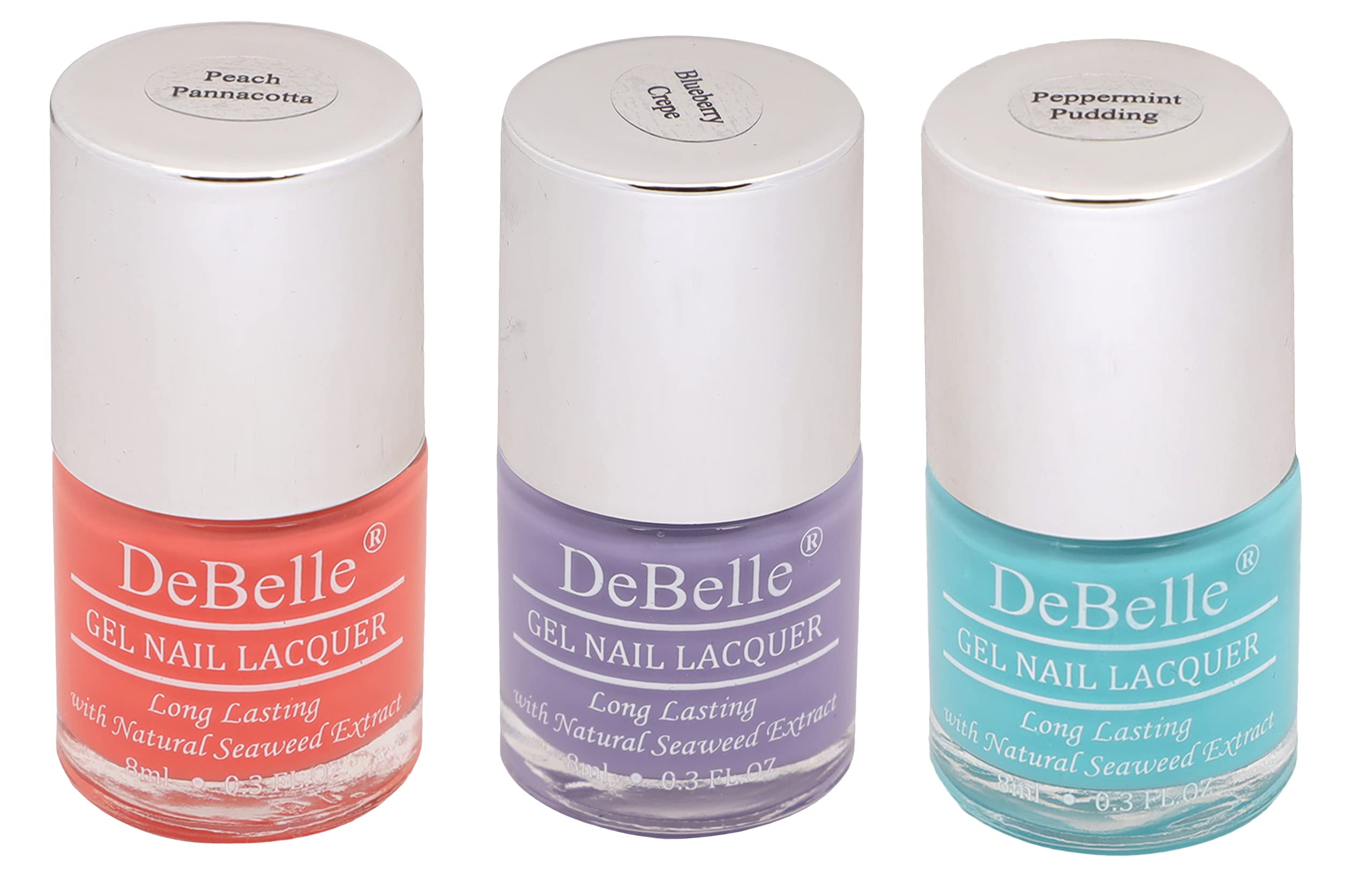 DeBelle Gel Nail Polish Gift Set of 3 - Candy Skittles - Creamy Peach(Peach Pannacotta), Lavender (Blueberry Crepe),Mint Green (Peppermint Pudding) - 24 ml (8 ml Each)-image-30