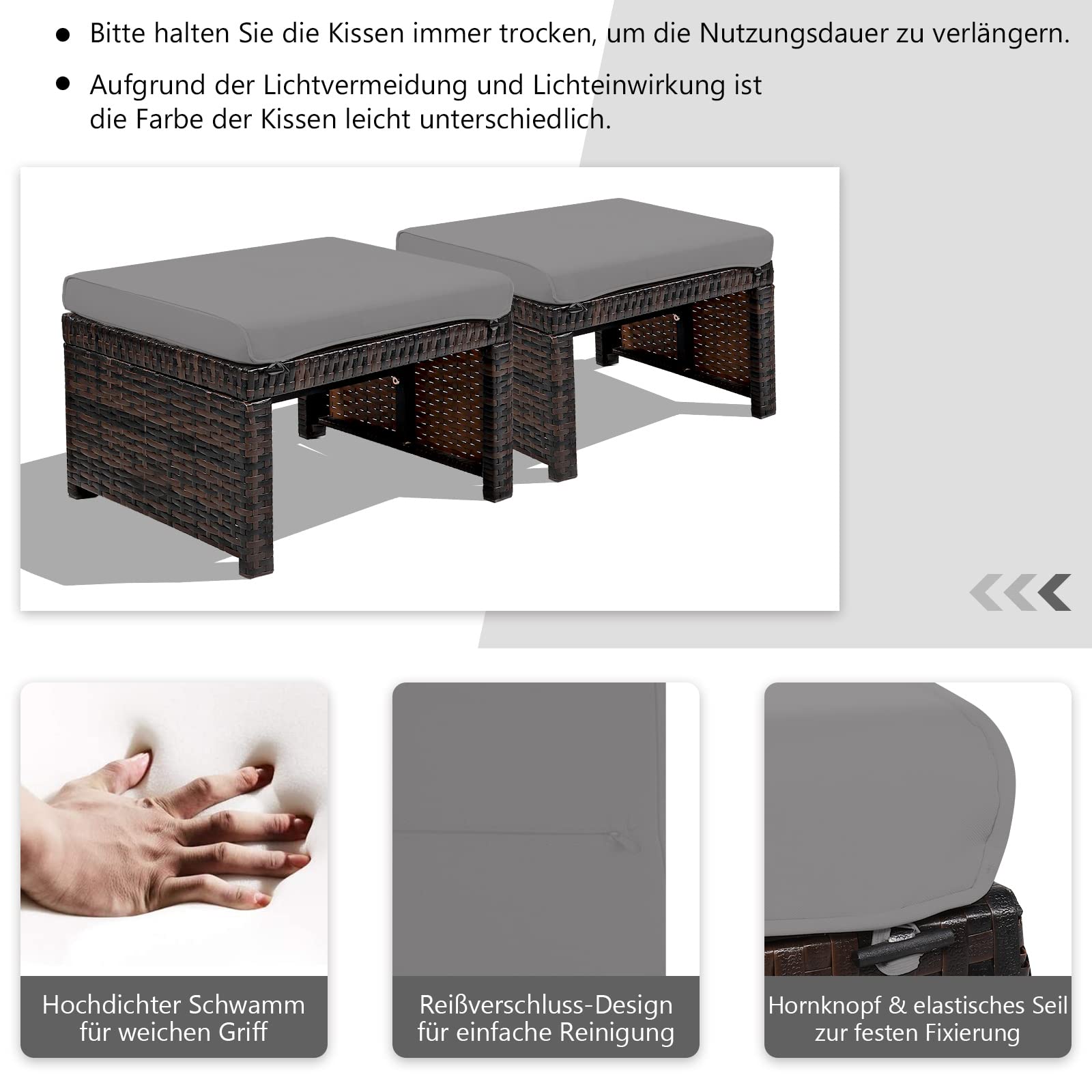 GOPLUS Mobiliario de jardín de 5 piezas, de ratán sintético, conjunto de muebles de jardín compuesto por 1 mesa, 2 sillas y 2 otomanas, cojines con funda extraíble y lavable, bar, terraza (gris)