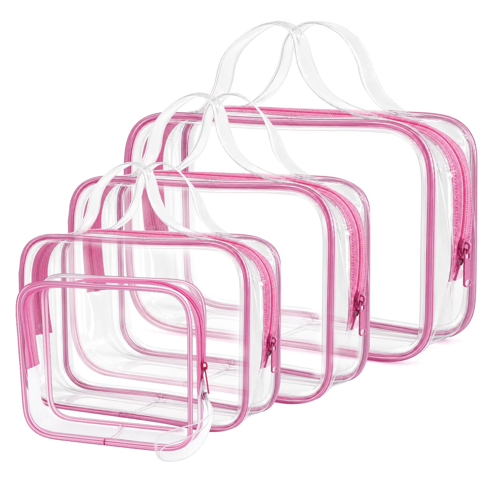 Paquete de 4 bolsas de aseo de viaje transparentes, bolsa de maquillaje de PVC, bolsas organizadoras con cremallera de metal, bolsa de cosméticos para mujeres y hombres (asa rosa, 4 unidades)