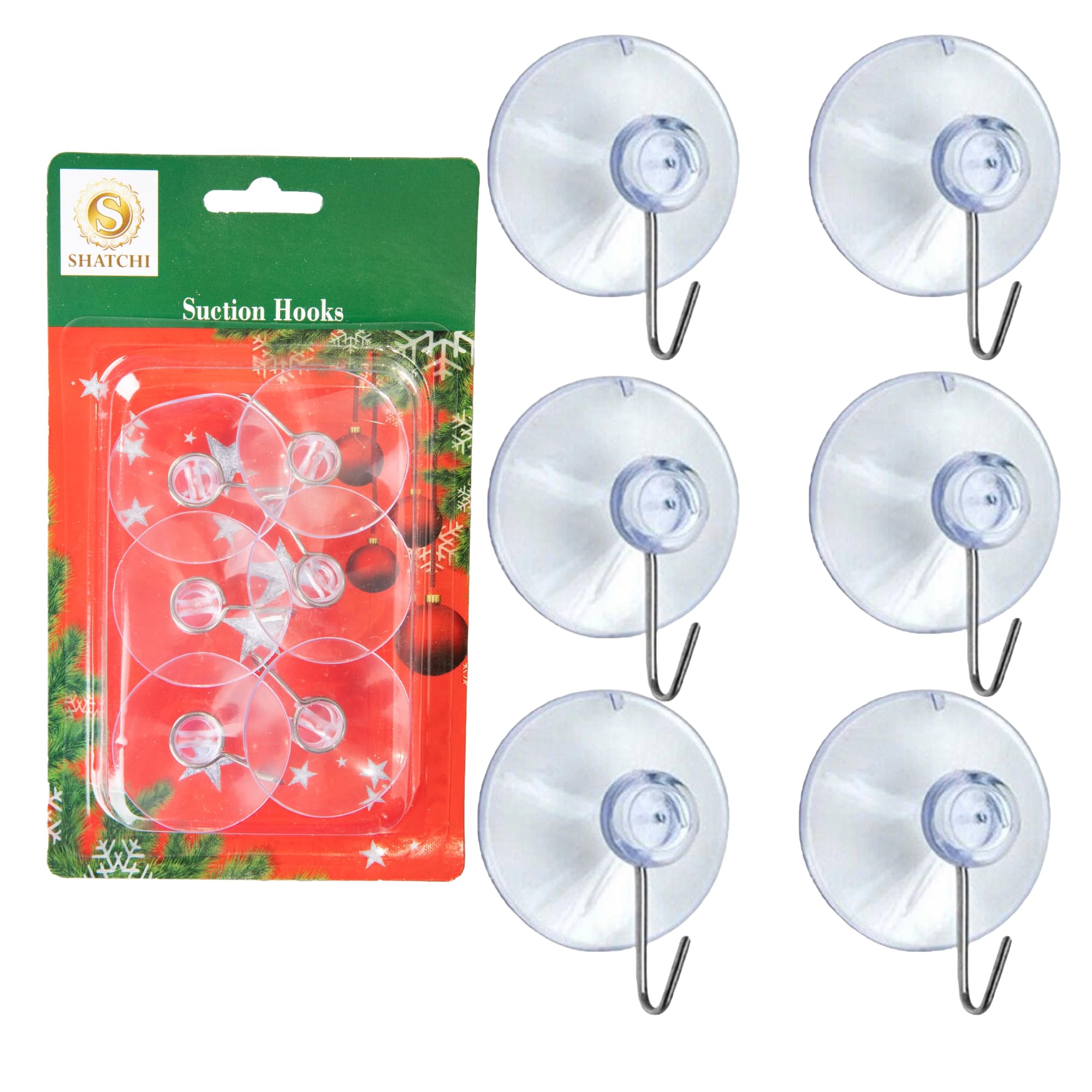 SHATCHI 6Pcs Heavy Duty Suction Hooks – 43mm, Multi-Purpose Reusable Suction Hooks for Kitchen, Bathroom, Office, Christmas Decorations, Signs, Mirrors, Walls