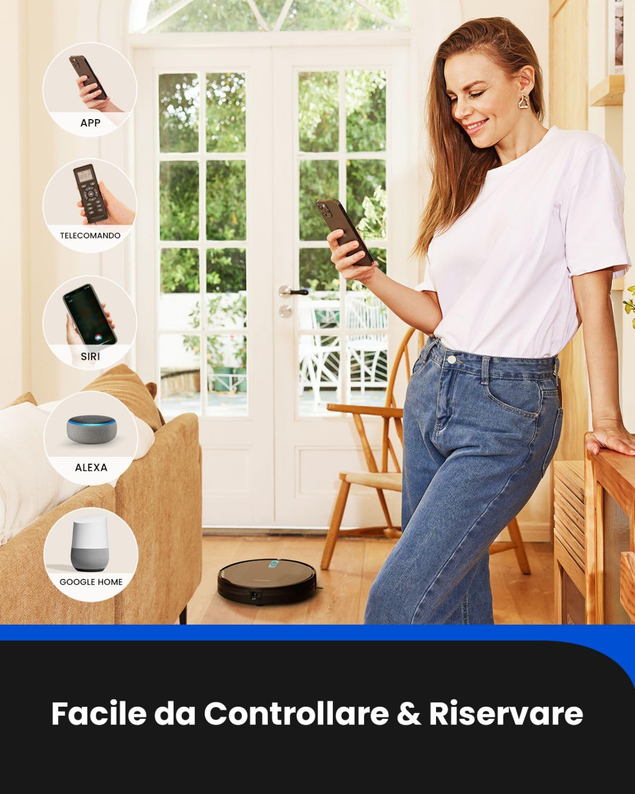 Proscenic 850T Robot Aspirapolvere Lavapavimenti, Aspirazione Potenza 3000Pa Controllo Siri & IFTTT & APP & Alexa, Serbatoio Acqua Elettrico 2-In-1 per Pulizia Domestica/Capelli/Polvere/Lavapavimenti