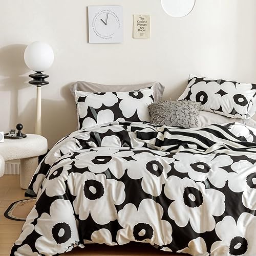 YuHeGuoJi Juego de funda de edredón floral tamaño Queen, 100% algodón, funda de edredón de flores blancas y negras, juego de 3 piezas, 1 funda de